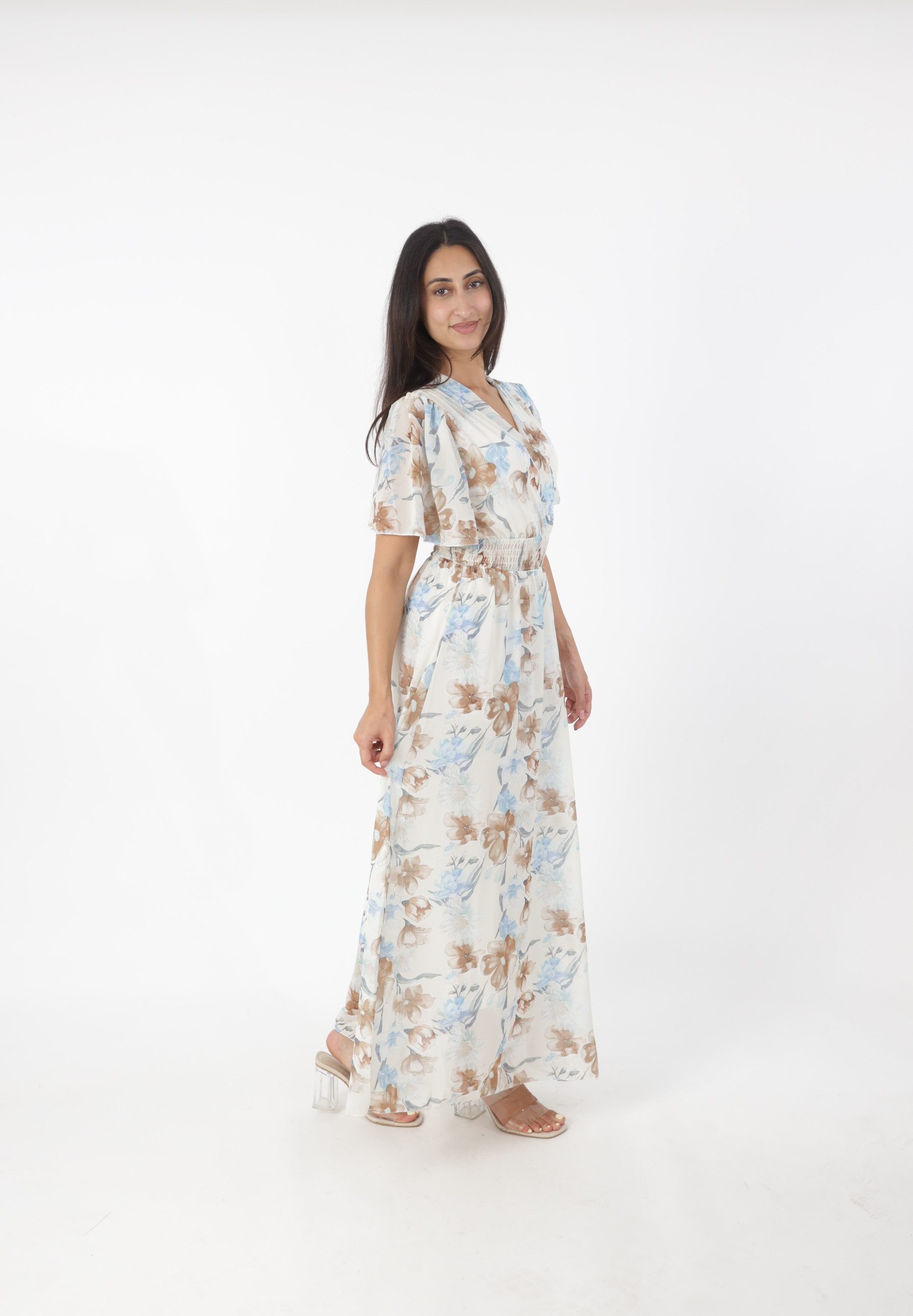 Elara Maxikleid — Damen Sommerkleid mit Blumenmuster, V-Ausschnitt und Volantärmeln