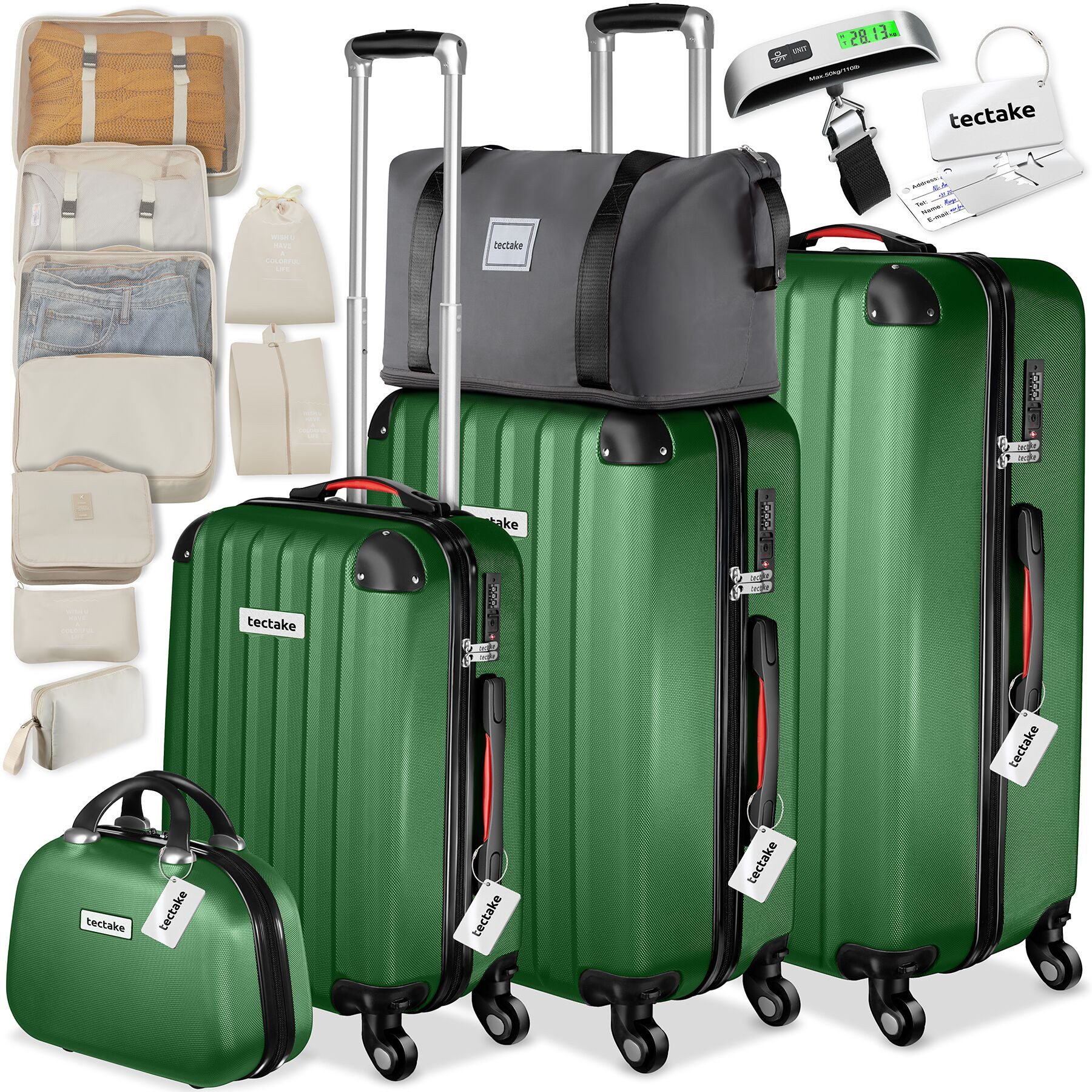 tectake Trolley Hartschalenkoffer-Set 19-teilig aus ABS-Kunststoff, Kofferwaage, 4 Rollen, TSA-Schloss, 360° drehbare, abnehmbare Rollen, mit Packwürfelset