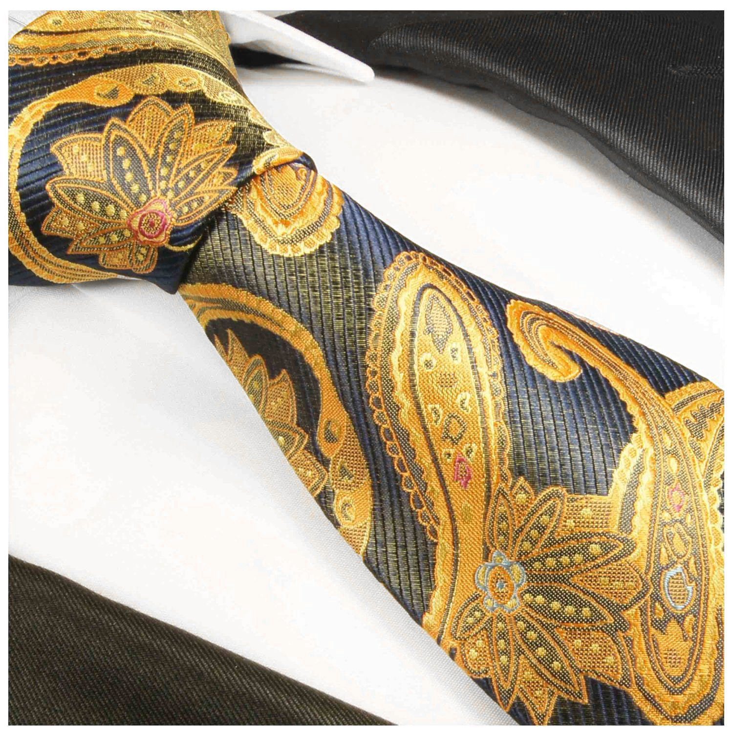 Schmal mit Krawatte Krawatte (6cm), brokat Tuch Einstecktuch) 2-St., Malone 100% gold 2025 mit Herren blau blau (Set, Seide Paul paisley modern Seidenkrawatte gold gelb