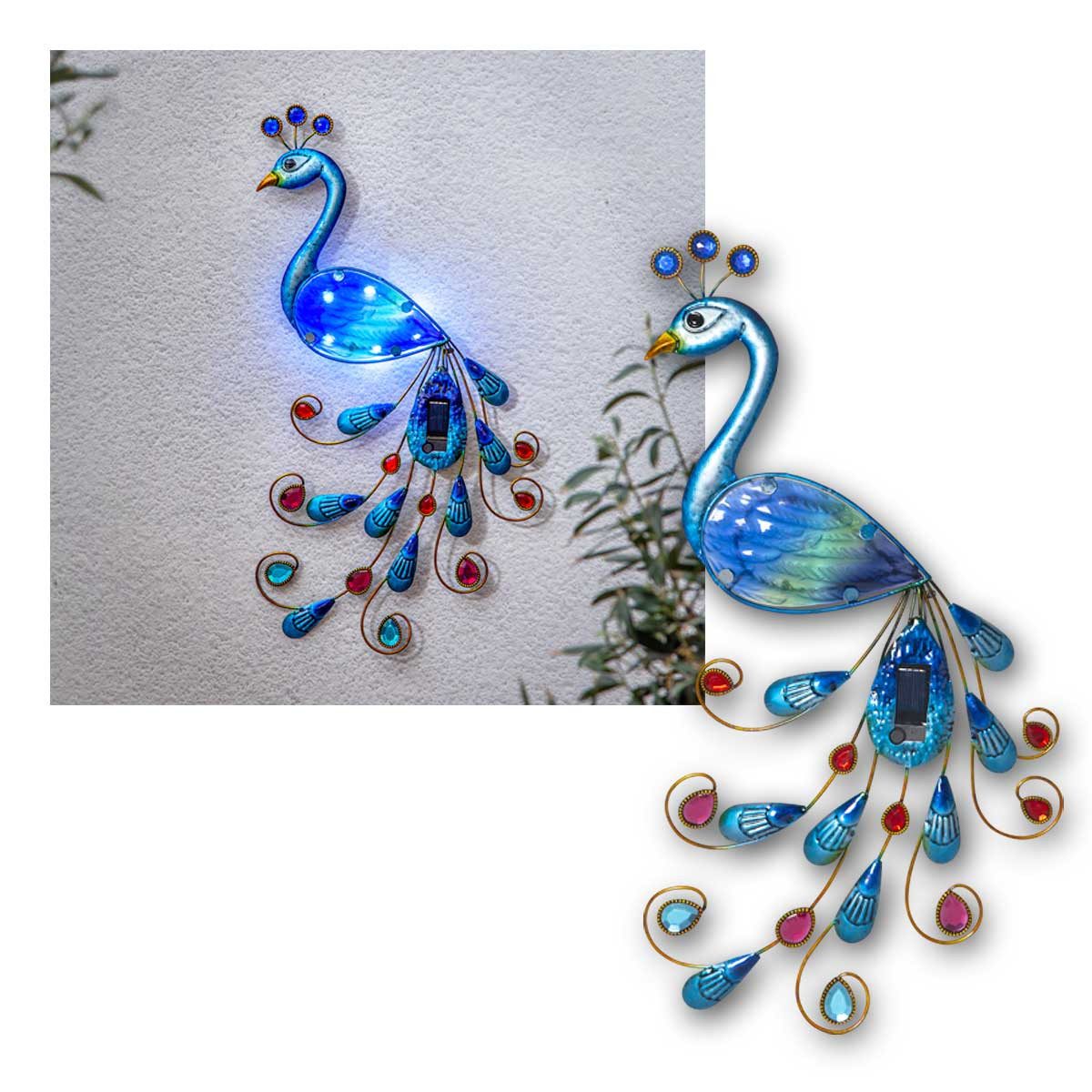 STAR TRADING LED Solarleuchte LED Solar-Wanddeko PFAU Metall & Glas Vogel, kaltweiß