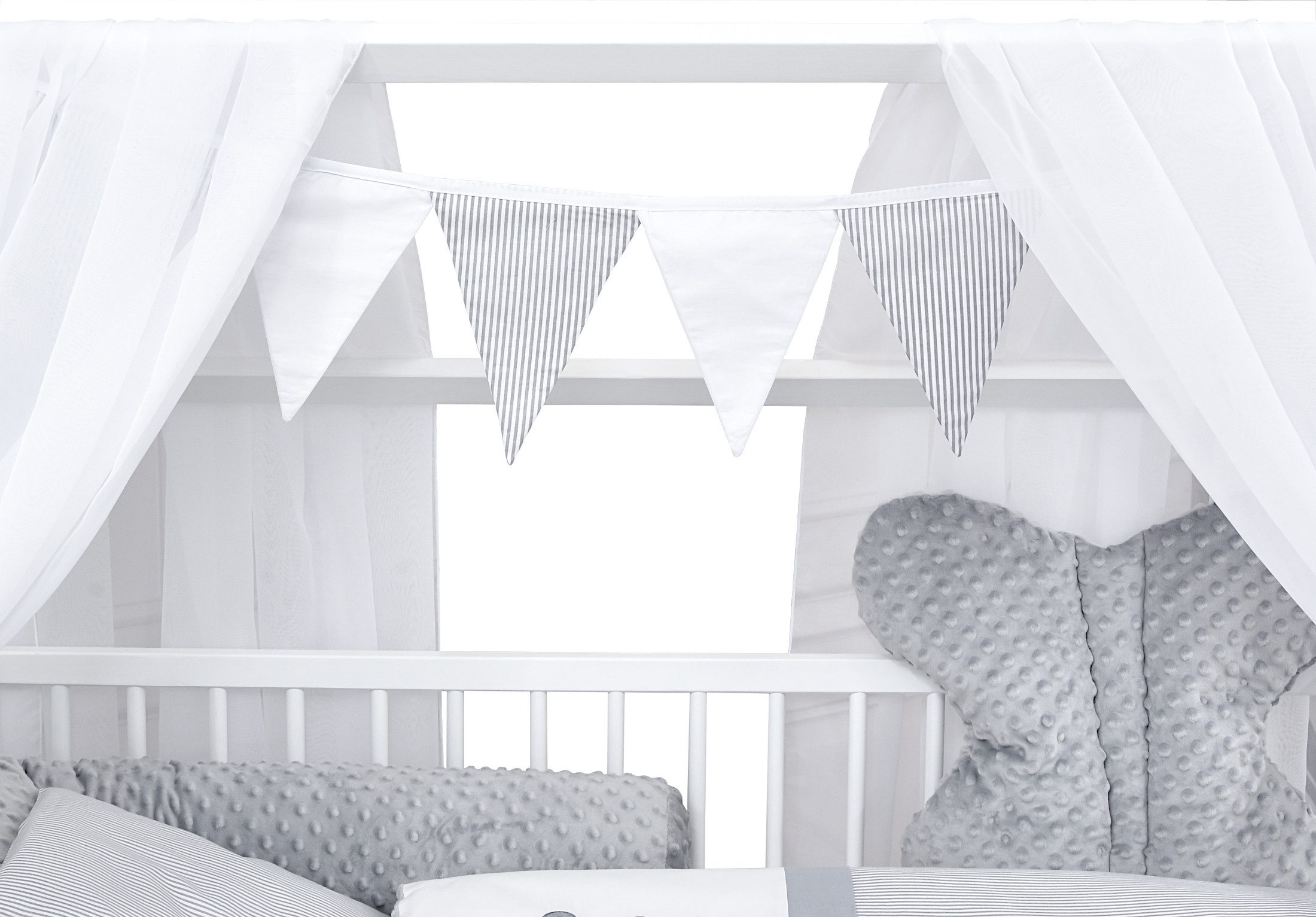Baby-Delux Komplettbett Hausbett Babybett Schutzgitter Komplettset, 10-tlg., Kinderbett 60x120 cm weiß, Bettset verschiedene Designs
