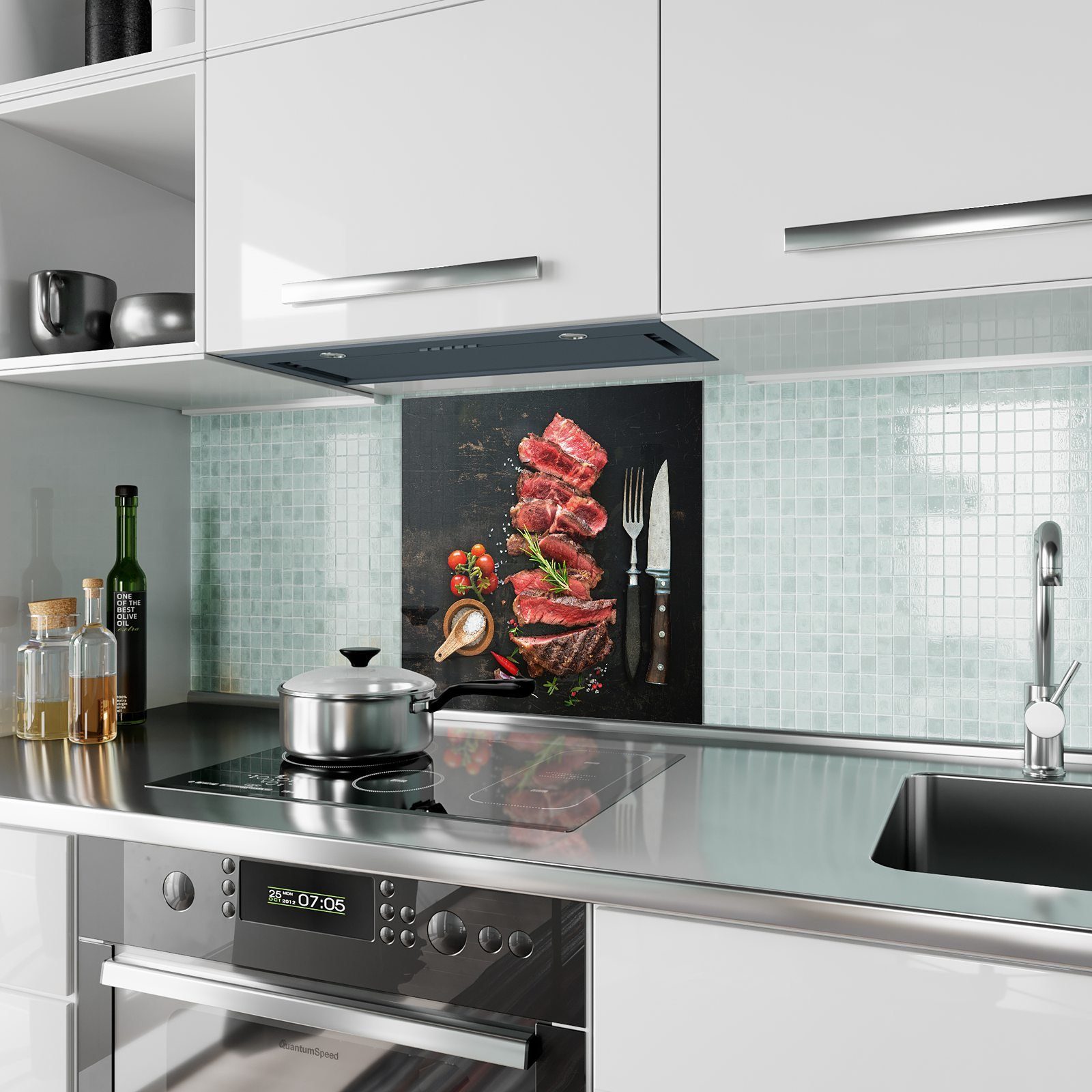 Primedeco Küchenrückwand Spritzschutz auf mit Küchenrückwand Glas Motiv Steak Ribeye Platte