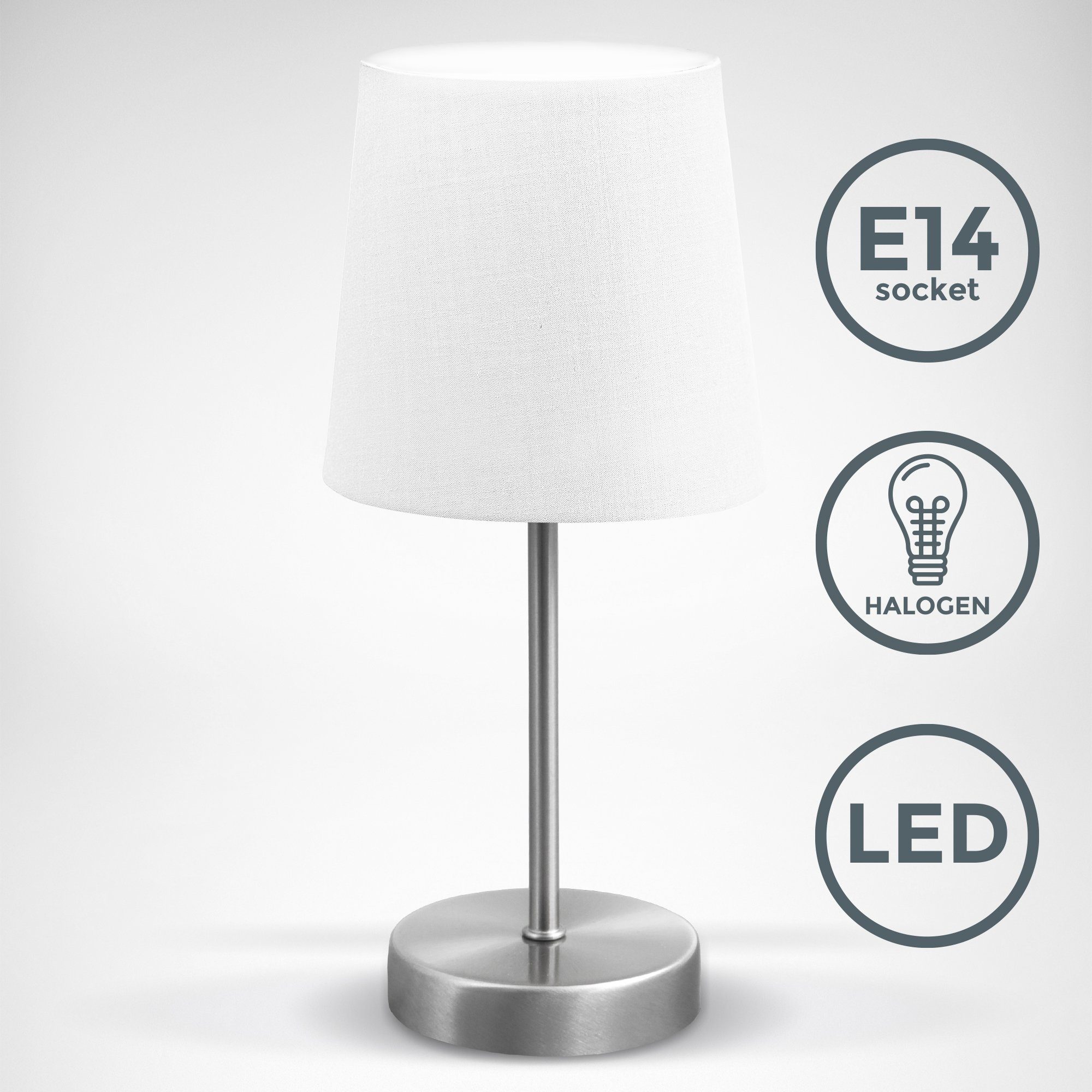 B.K.Licht Tischleuchte, ohne Leuchtmittel, Schalter IP20 LED Nachttischlampe E14 weiß Stoff matt-nickel taupe mit