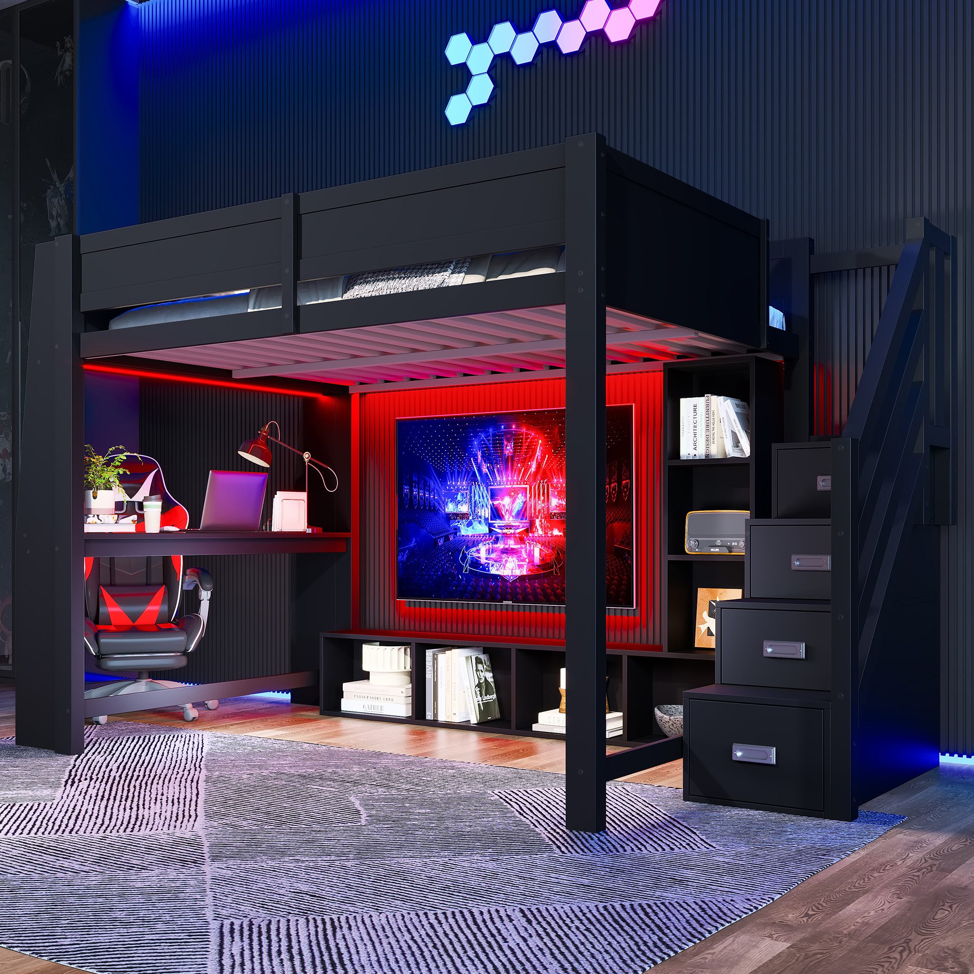 Merax Hochbett mit LED-Beleuchtung (Treppe mit Stauraum, 1-St., Loftbett Ju günstig online kaufen