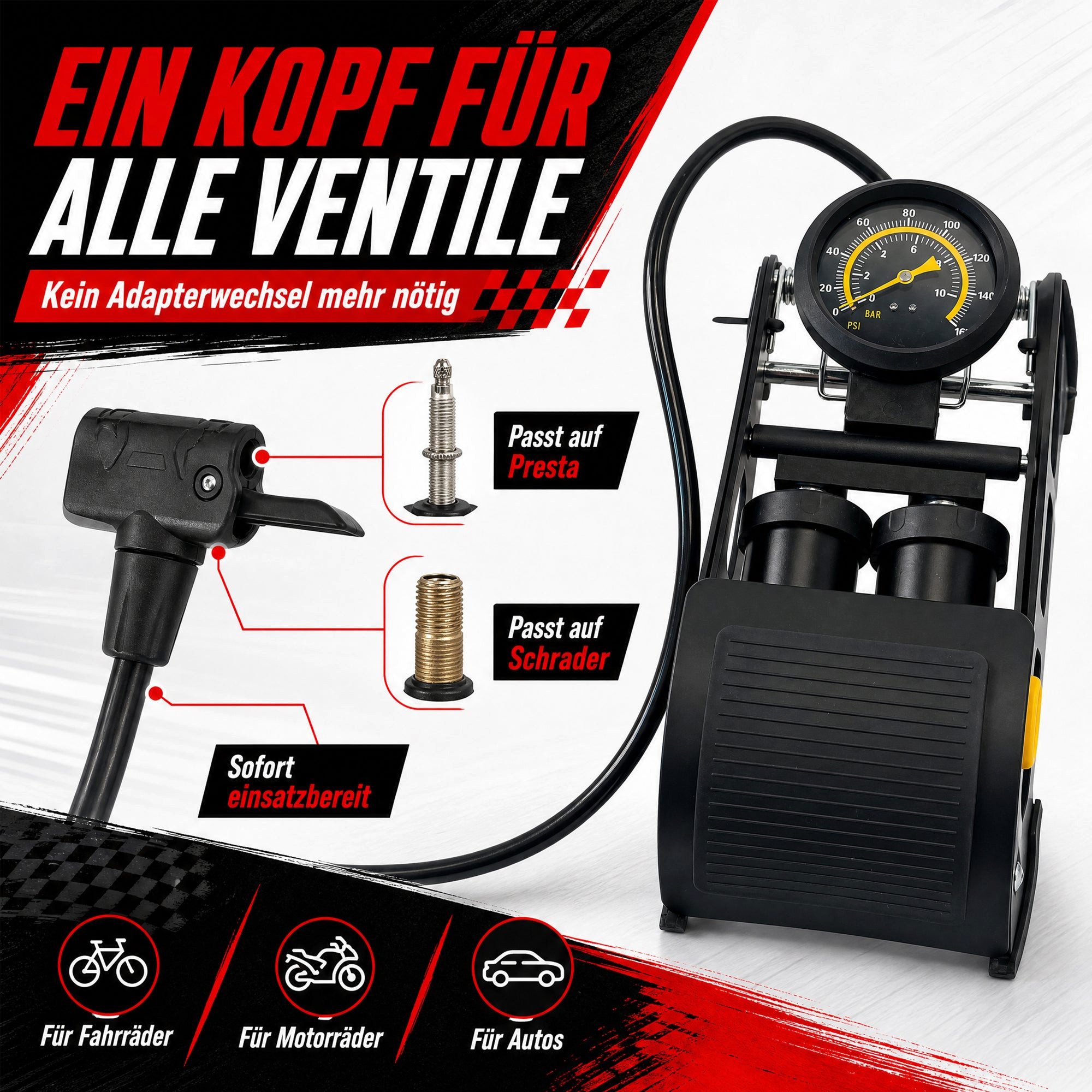 Pitlane Performance Luftpumpe Fahrradpumpe alle Ventile Fußpumpe (1-tlg., Tritt Fuß-Pumpe für E-Bike, Auto, Motorrad & Ball, inkl. 3 Adapter), bis 11 Bar Druck mit Manometer & Doppelzylinder für extra viel Luft