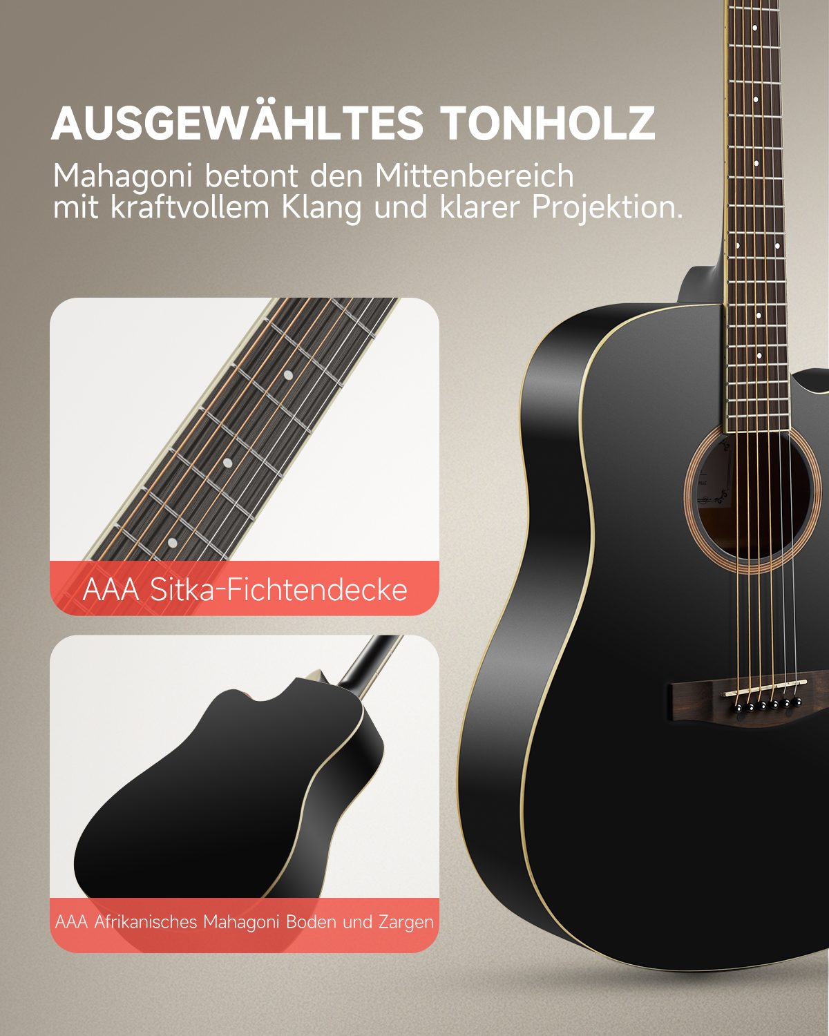 Donner Akustikgitarre Akustikgitarre in voller Größe 41 Zoll DAG-1CB, Komplettset, mit Gigbag, Gurt, Stimmgerät, Schlagbrett, für Anfänger in voller Größe komplettes Anfängerset