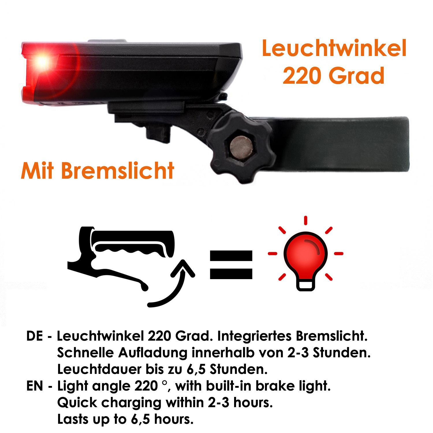 nean Fahrradbeleuchtung Set mit Akku, Lichtautomatik und Bremsleuchte, 60 LUX 6 Candela, mit 3 Helligkeitsstufen und USB-Ladebuchsen, abnehmbar, StVZO