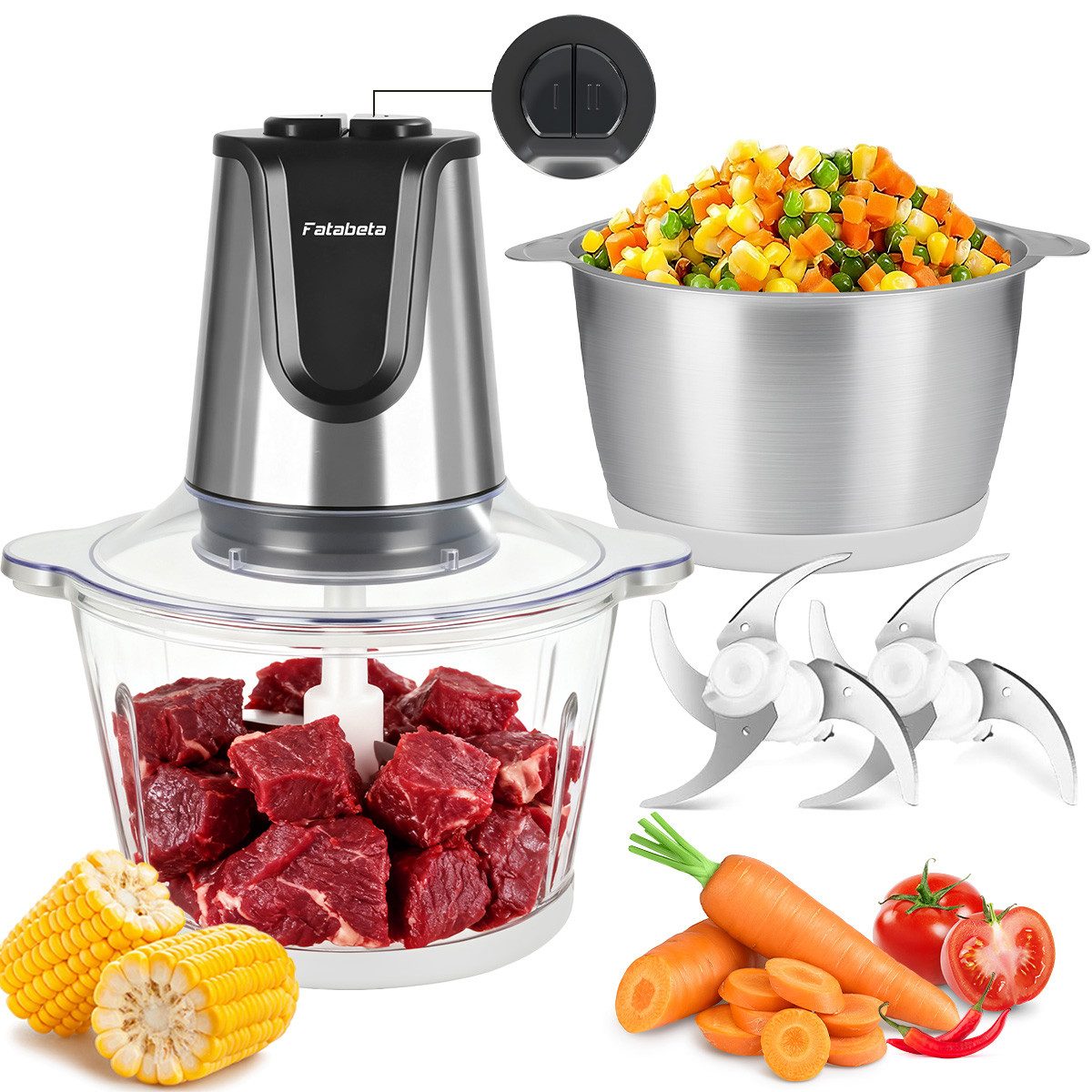 KNKA PRO Zerkleinerer Elektrischer Multizerkleinerer mit 2×2 L Glas- & Edelstahlschüsseln, 500 W, Fleischwolf 2 Messer, 2 Geschwindigkeitsstufen für Fleisch, Gemüse