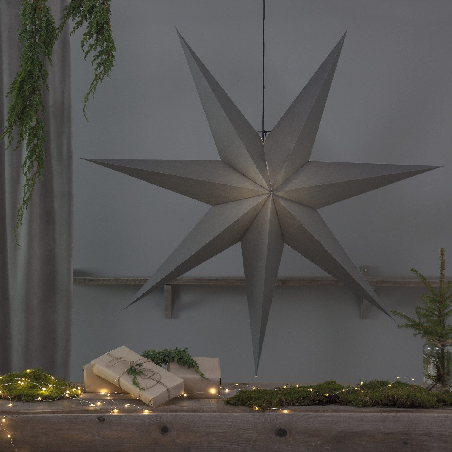STAR TRADING LED Stern Papierstern Leuchtstern Faltstern 7zackig hängend 140cm mit Kabel grau