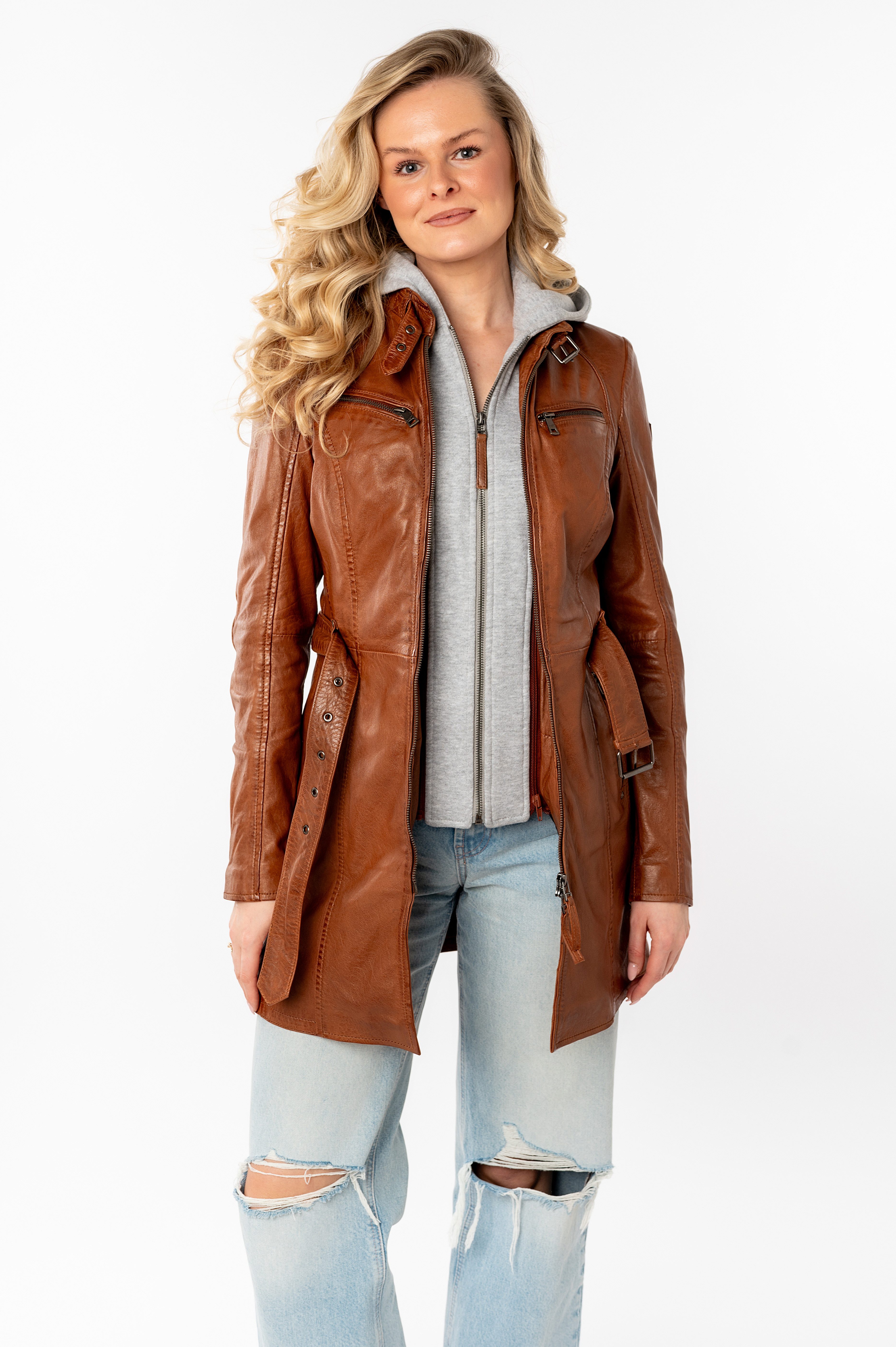 Mauritius Lederjacke Bente OT 2 (mit Gürtel) lange Lederjacke mit Gürtel & abnehmbarem Kapuzen-Inlay