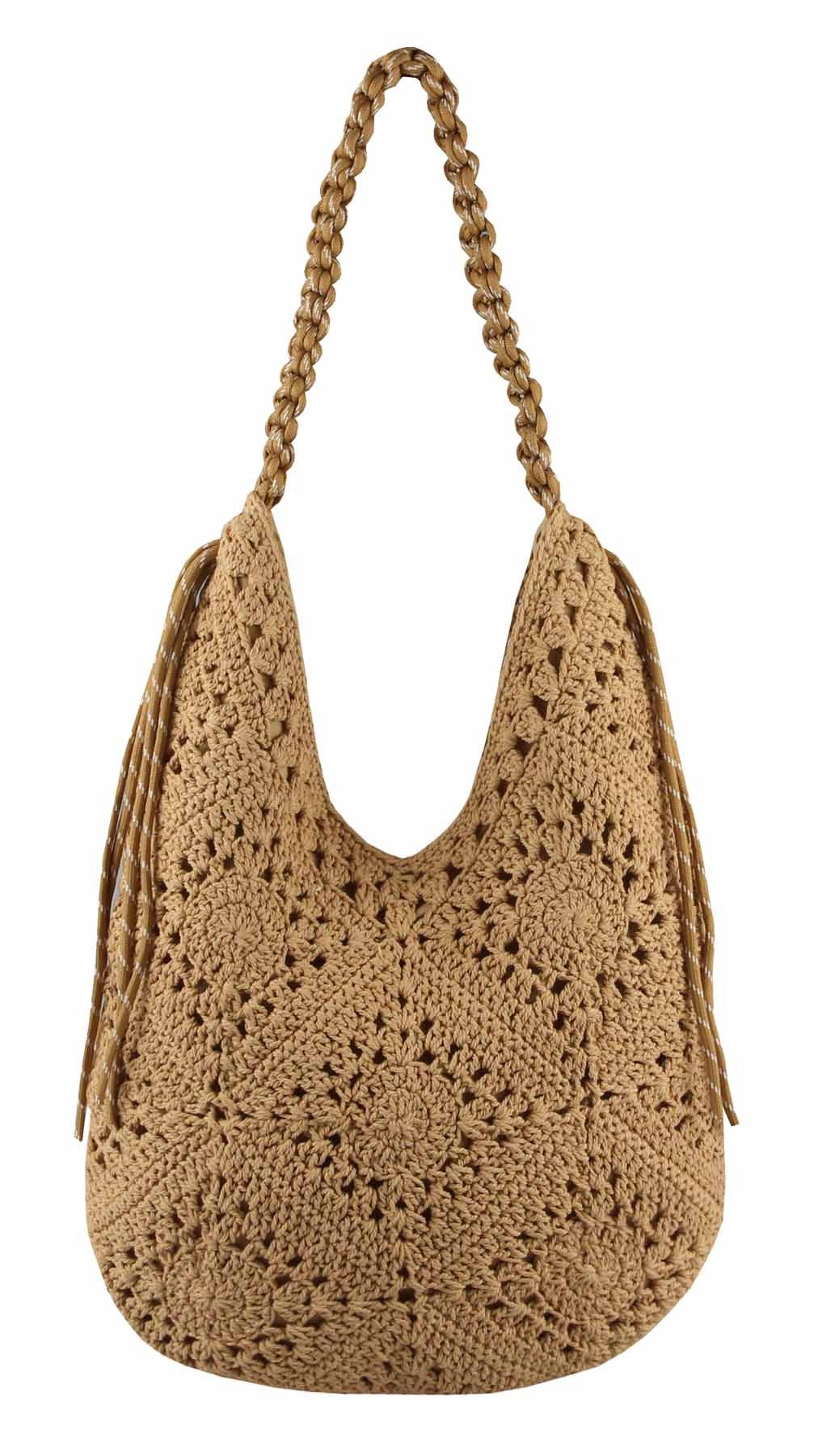 ITALYSHOP24 Schultertasche DAMEN TASCHE Häkeltasche Boho Shopper Strohtasche Hobo Geflecht Textil, Sommer Basttasche Strand Retro Reise Freizeit Urlaub Beuteltasche