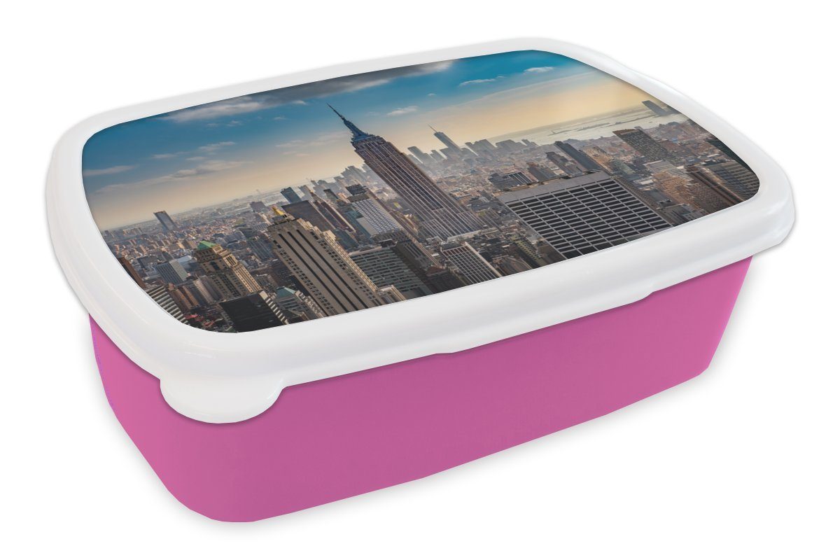 MuchoWow Lunchbox New York - Wasser, Kunststoff, Erwachsene, Mädchen, Brotdose Kunststoff Snackbox, für Kinder, (2-tlg), Brotbox Wolken - rosa