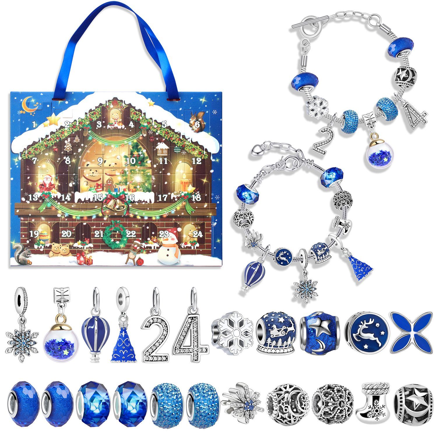 MAGICSHE Adventskalender 24 Füllprozess Anhänger Armband Sets, DIY Weihnachtskalender Armband Blau