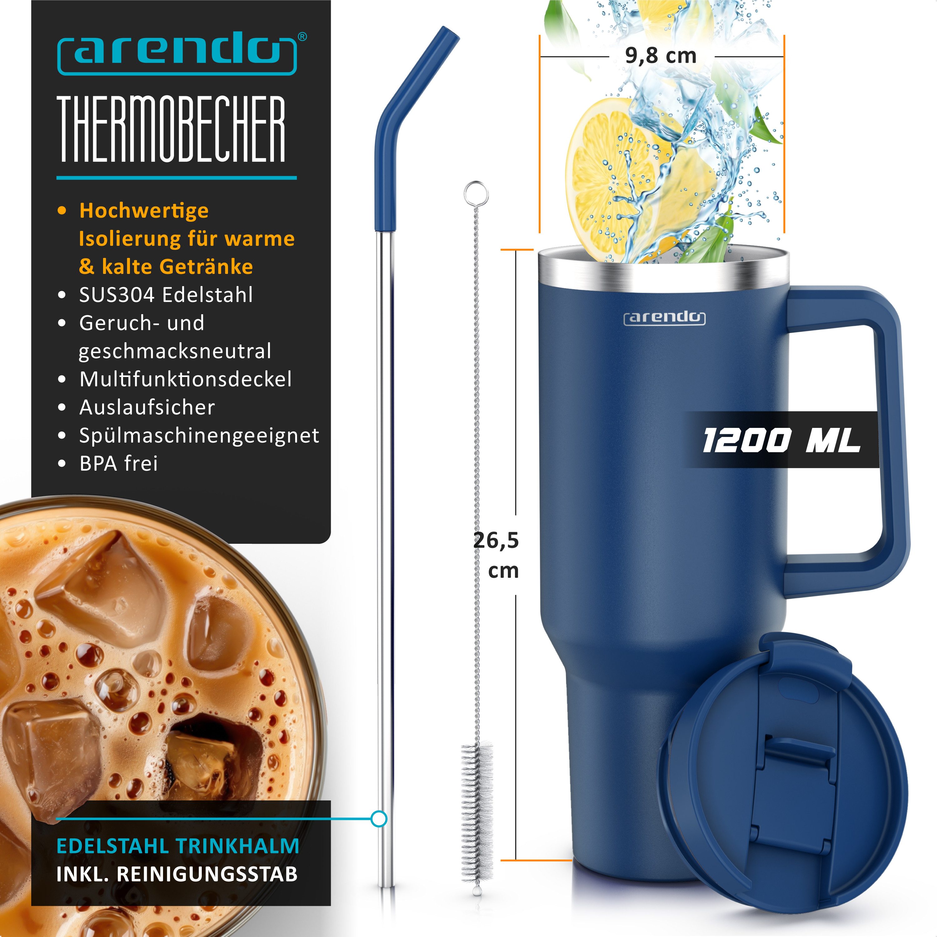 Arendo Thermobecher Tumbler 1200 ml, Becher mit Deckel, Henkel und Strohhalm, Thermal Mug, 1-tlg., Edelstahl, kohlensäuregeeignet, auslaufsicher, doppelwandig,  – Bild 2 von 5