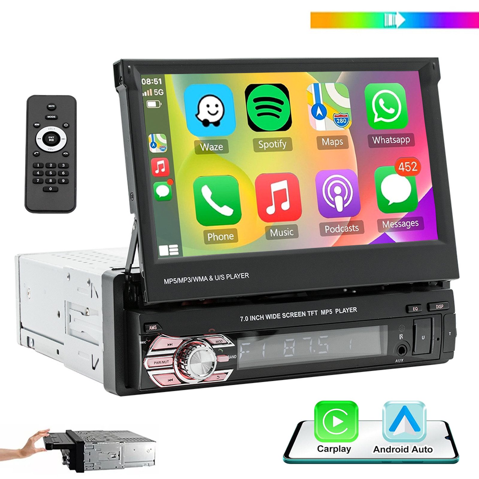 ESSGOO 7" 1DIN Apple Carplay Android Auto Autoradio USB AM FM Bluetooth AUX Autoradio (1 DIN, AUX Eingang, Rückfahrkamera(optional), AM/FM Radio, Apple Carplay Android Auto U-Disk / AUX / TF/ Bluetooth)