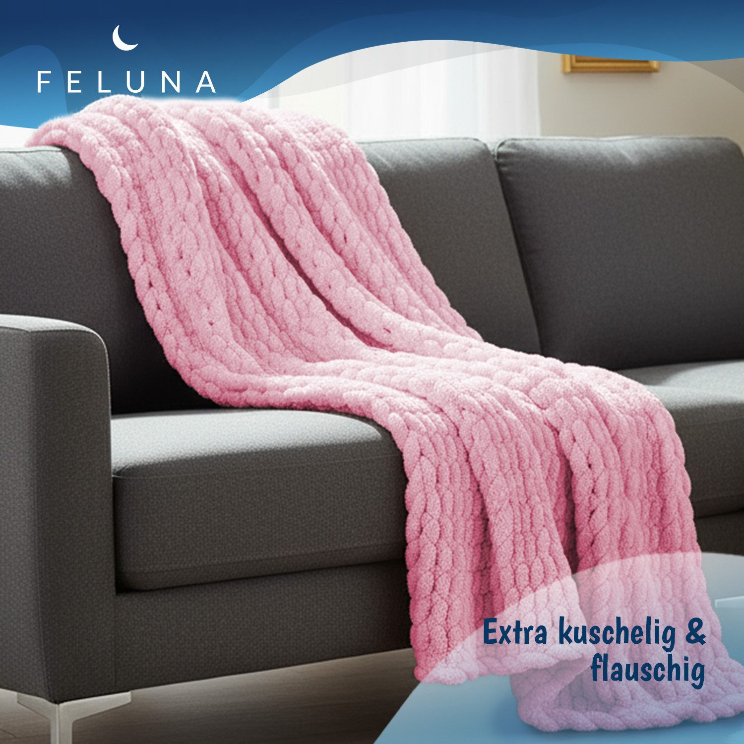 Wohndecke Grobmaschige Wohlfühldecke, Feluna, Flauschige Kuscheldecke Grobstrick Tagesdecke