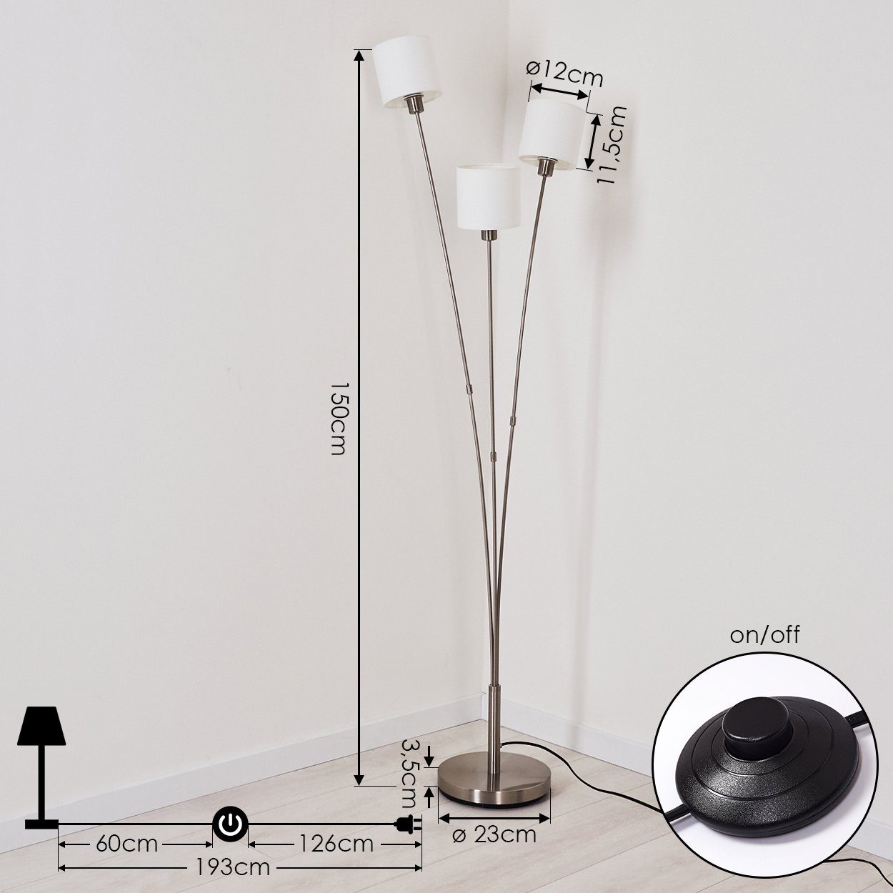 hofstein Stehlampe »Costa« runde Bodenlampe aus Metall, Nickel-matt, weiße Stoffschirme, ohne Leuchtmittel, Standlampe, 3xE14, mit Fußschalter am Kabel – Bild 4 von 5