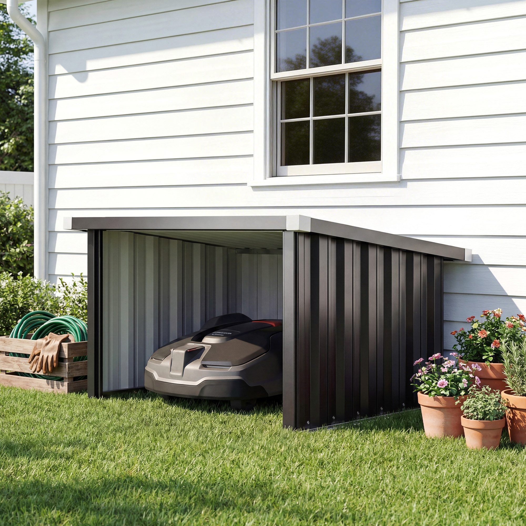 Outsunny Mähroboter-Garage Stahl mit Pultdach Schutzkante Carport Überdachung Regenschutz, BxTxH: 86x108x62.5 cm, für die meisten Rasenmähroboter, (Rasenmäher Unterstand, 1-St., Rasenroboter Garage), für Rasenmäher Dunkelgrau