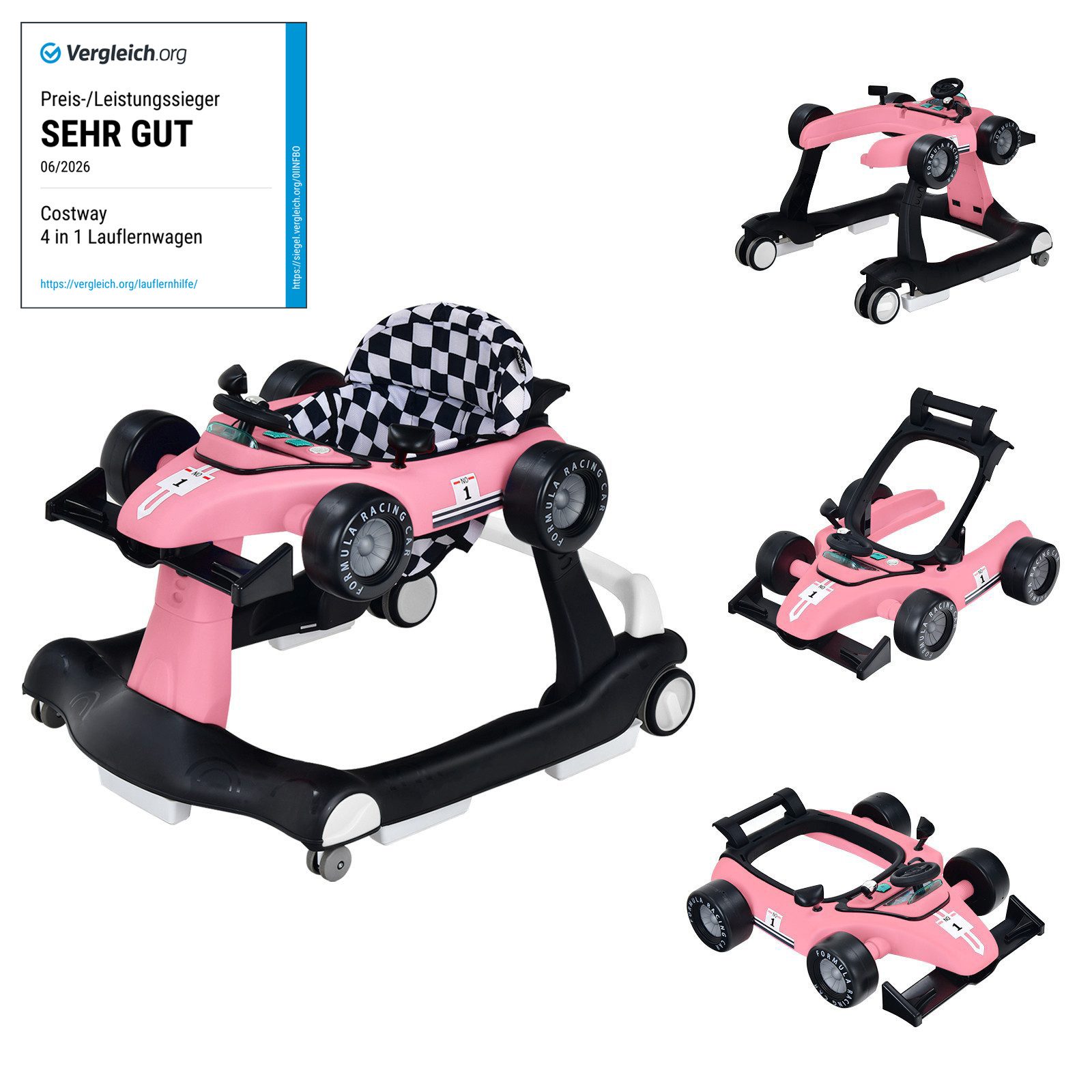 COSTWAY Lauflernhilfe 4 in 1 Lauflernwagen, mit Musik, Licht, ab 6 Monaten