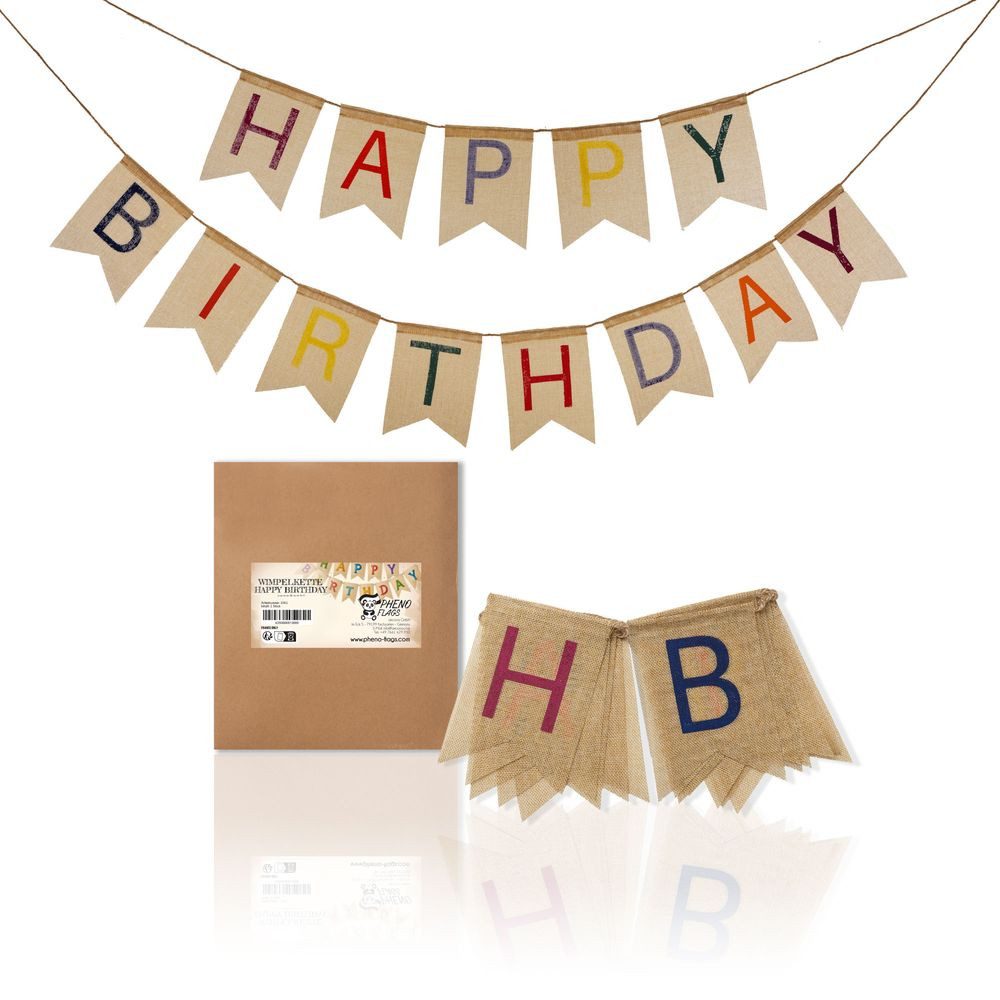 PHENO FLAGS Flagge Happy Birthday Stoff-Wimpelketten (2m und 2,5m), wiederverwendbar