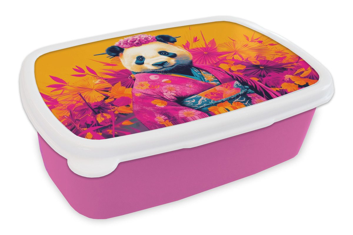 MuchoWow Lunchbox Kimono - Rosa - Panda - Blumenkrone, Kunststoff, (2-tlg), Brotdosen, Lunch Box, Brotbox für Kinder und Erwachsene