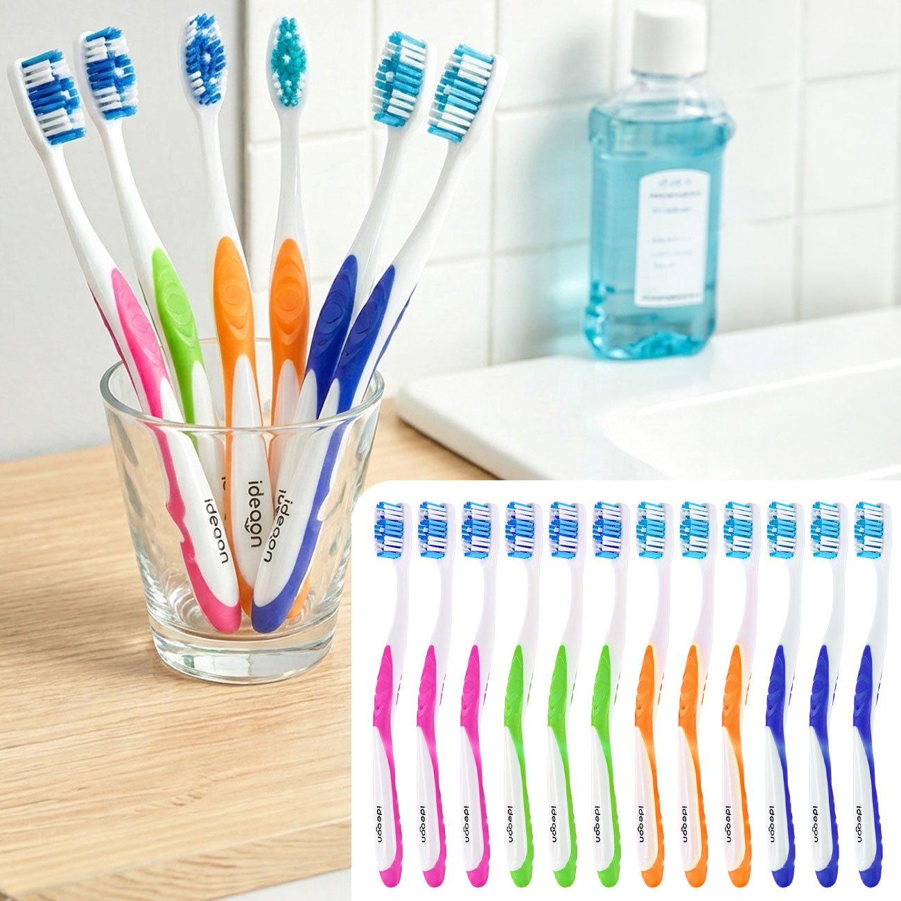 shop'n smile ideoon Zahnbürste Handzahnbürsten Set Hart mit Zungenreiniger, 12er- / 24er-Pack, Zahnbürsten-Familienpackung mit Wellenprofil & einzeln verpackt
