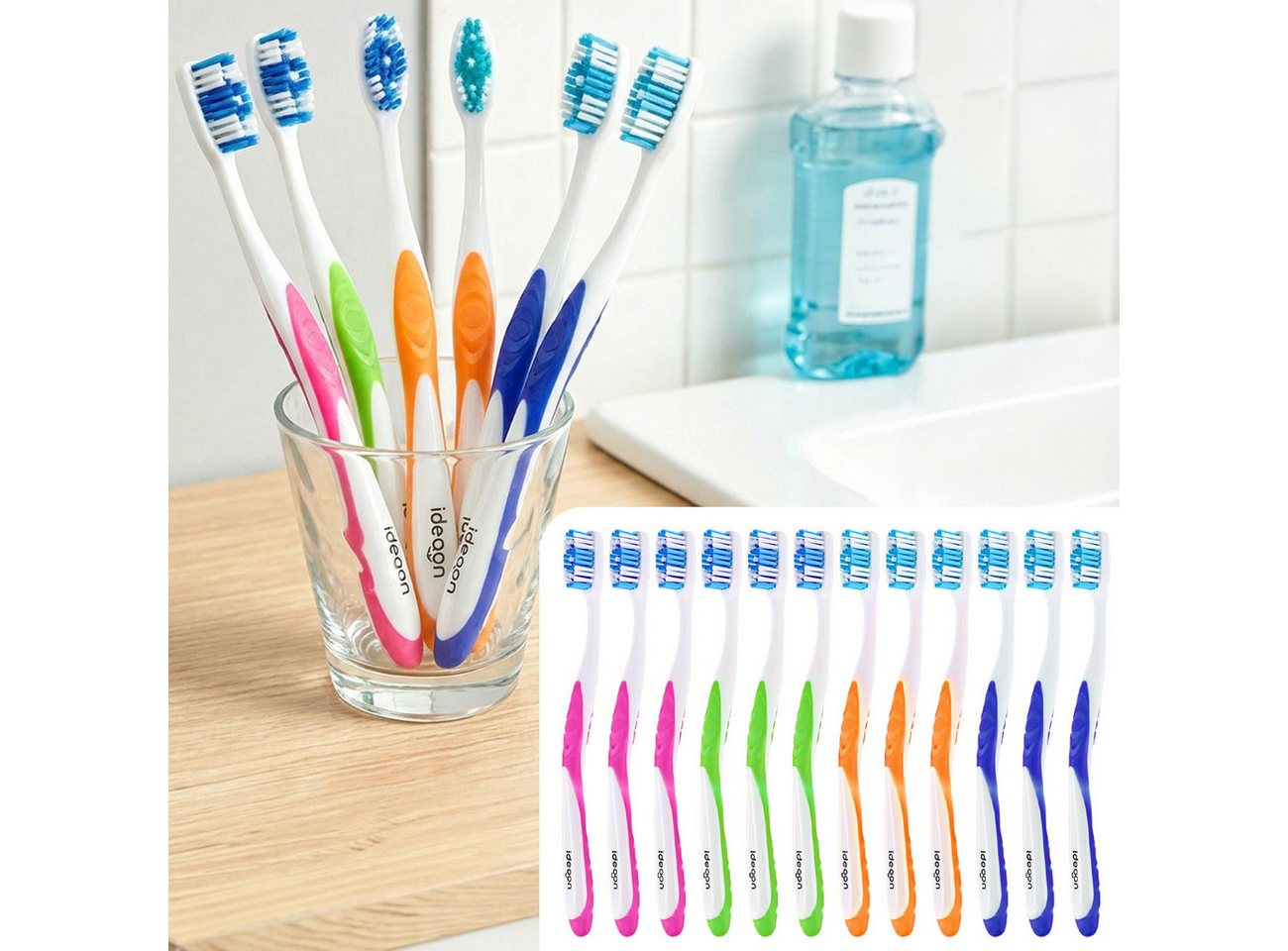 shop'n smile ideoon Zahnbürste Handzahnbürsten Set Hart mit Zungenreiniger, 12er- / 24er-Pack, Zahnbürsten-Familienpackung mit Wellenprofil & einzeln verpackt