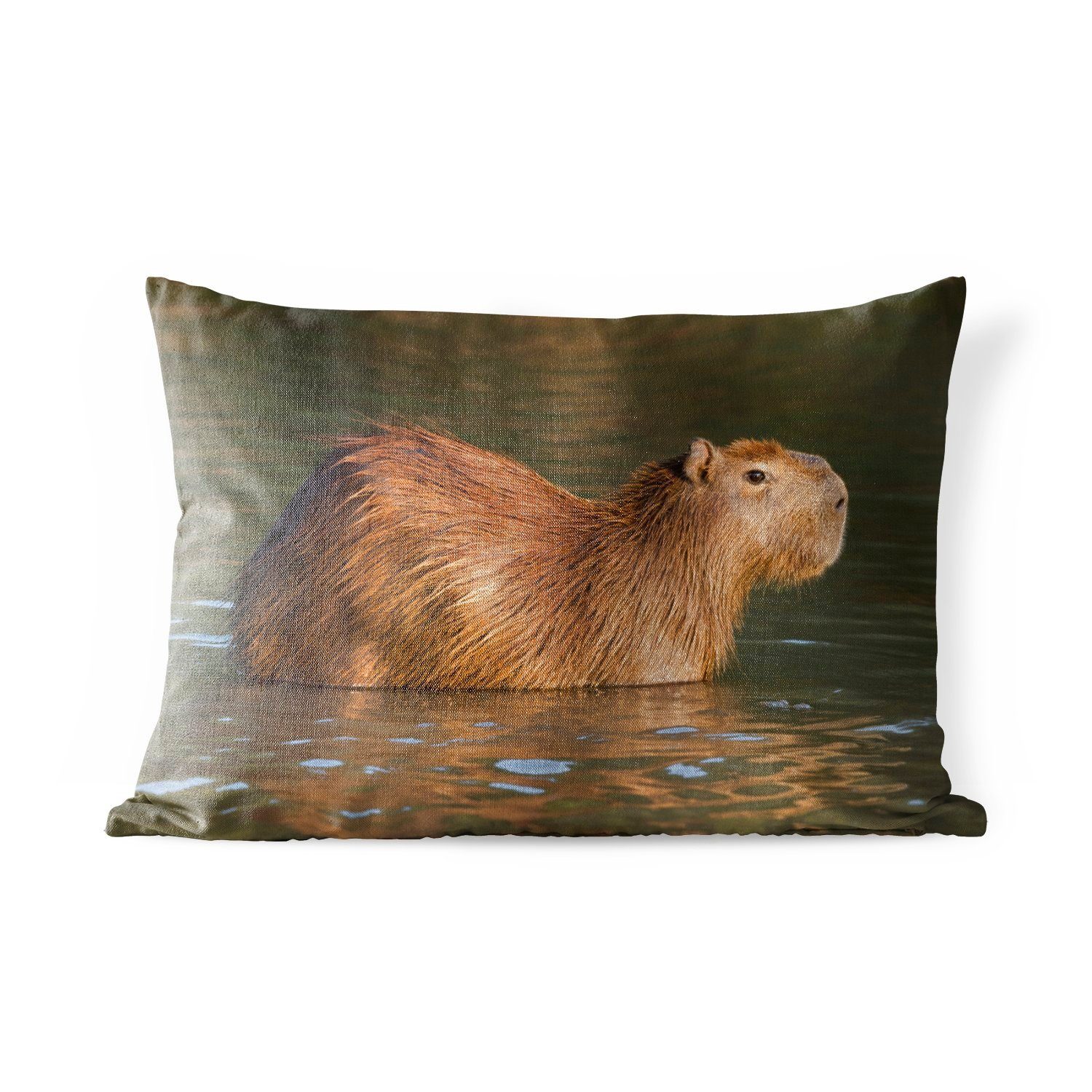 Dekokissenbezug, steht Polyester, Capybara Ein MuchoWow Kissenhülle Dekokissen im Outdoor-Dekorationskissen, Wasser,