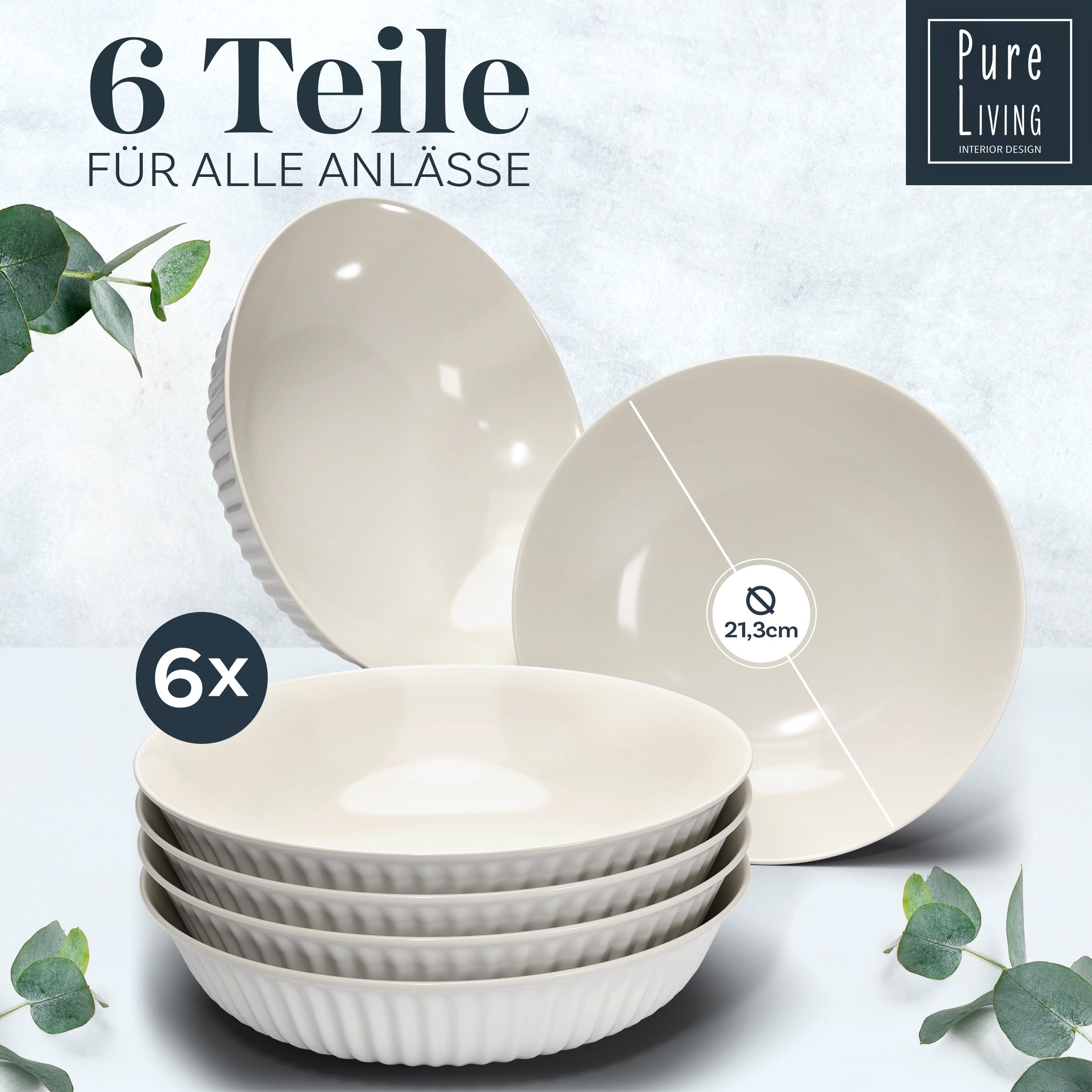 PURE LIVING INTERIOR DESIGN Geschirr-Set Pure Living Suppenteller 6er 20cm »Hygge«, Steingut Hellgrau, 6 Personen, Steingut, Skandinavisches Design mit Riffelstruktur, Harmonische Farbgebung, Ma…