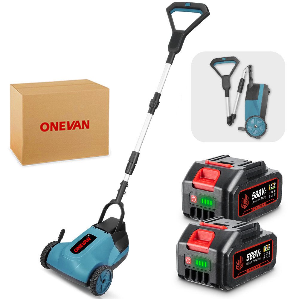 ONEVAN Akkurasenmäher 21cm Bürstenloser Handrasenmäher mit 2 Akku, 3 Schnitthöhen Safe Tilt 20°-70° für Höfe