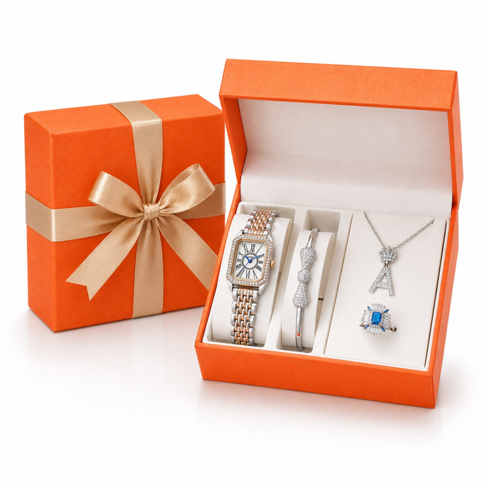 Fyrove Quarzuhr Geschenk für Ihre Liebsten, Geschenk für Frauen, (4-teiliges Damen-Schmuckset mit Quarzuhr, Halskette, Armreif und Ring – elegante Damenarmbanduhr in Geschenkbox, 4-tlg., Weihnachtsgeschenk & Geburtstagsgeschenk für Frauen)