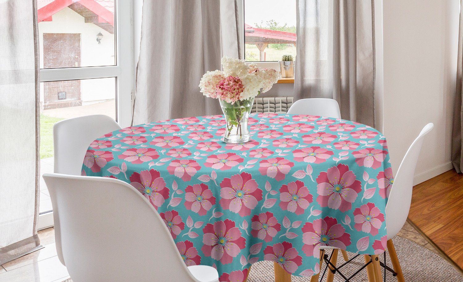 Abakuhaus Tischdecke Kreis Tischdecke Abdeckung für Esszimmer Küche Dekoration, Blau Und Pink Zusammenfassung Petals