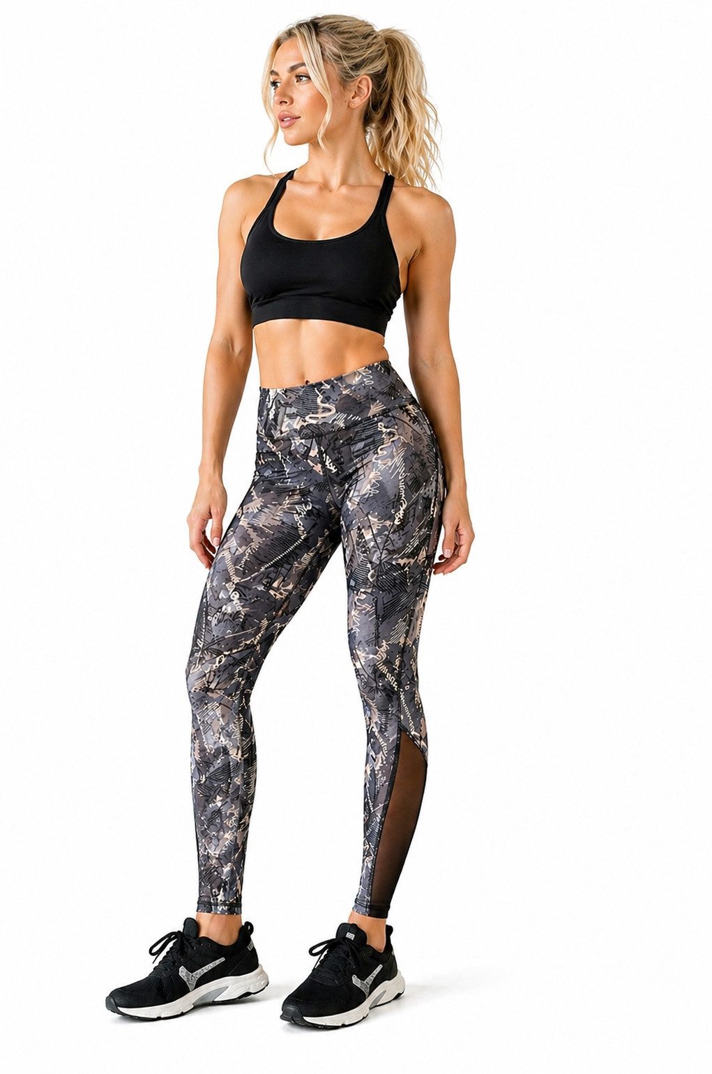 Antonio Funktionsleggings Gym Sport Leggings Damen Elastisch & Figurbetont Schwarz Muster Gr.