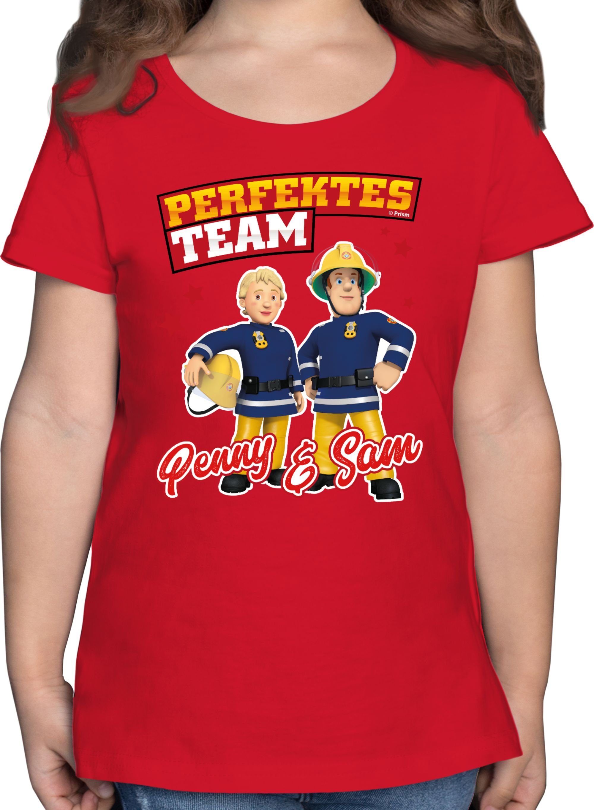 Shirtracer T-Shirt Perfektes Team - Penny & Sam Feuerwehrmann Sam Mädchen 3 Rot