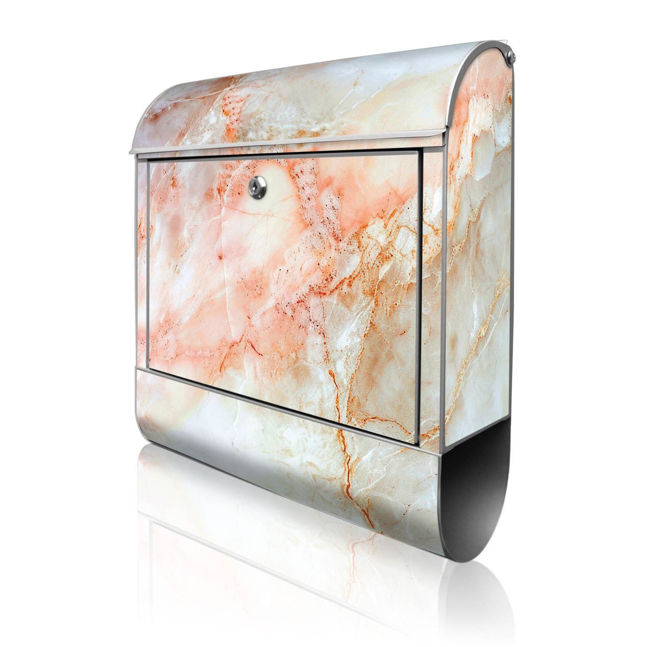 banjado Wandbriefkasten Silber Stahl mit Motiv Rosa Marmor (Wandbriefkasten witterungsbeständig, pulverbeschichtet, mit Zeitungsfach), 47 x 39 x 14 cm