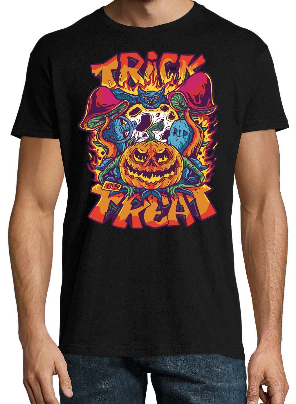 Schwarz Trick or T-Shirt Herren Designz Halloween T-Shirt Pilz mit Horror Trendigem Youth Treat Frontdruck Fun-Look