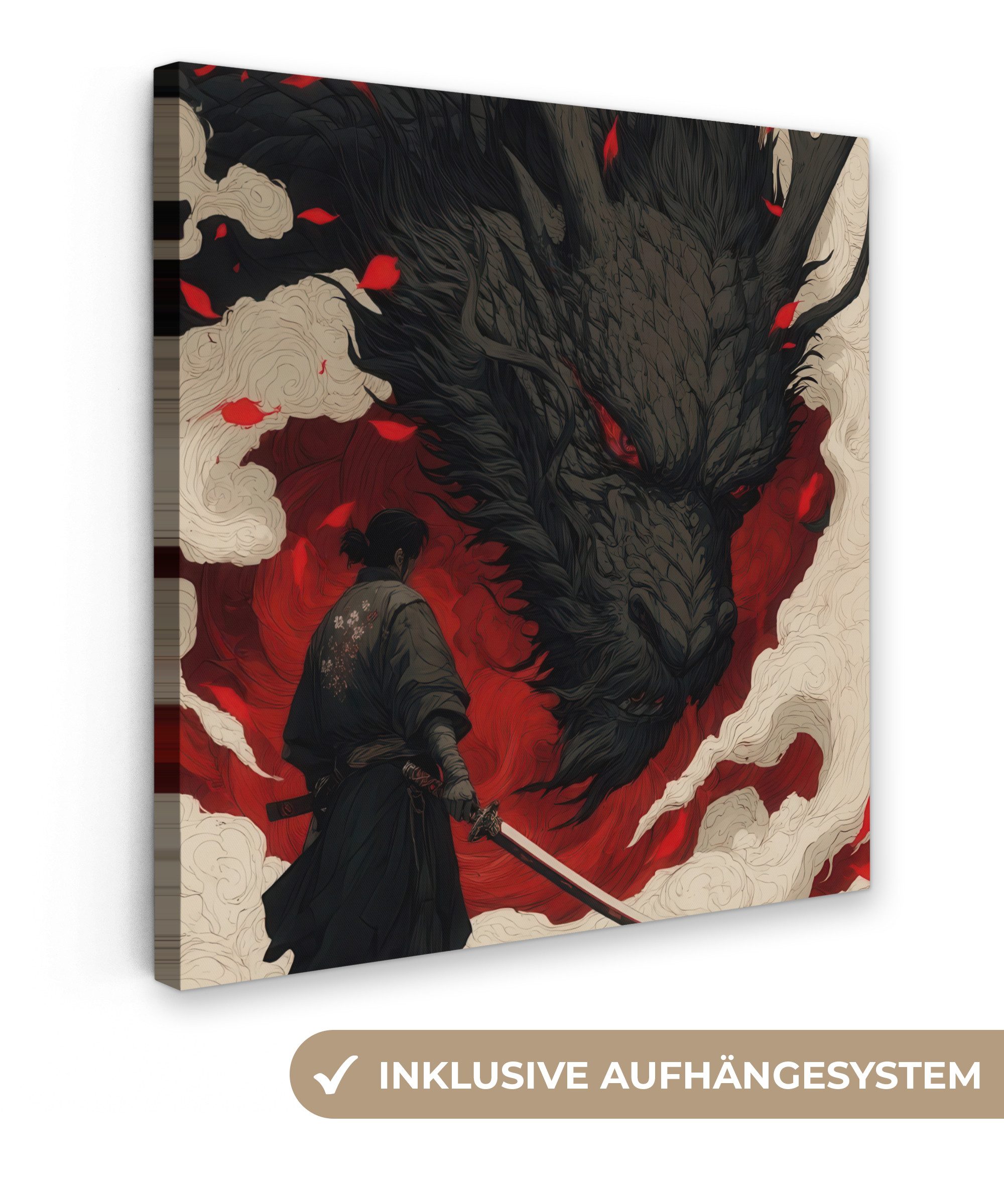 OneMillionCanvasses® Leinwandbild Krieger - Drache - Schwarz - Rot - Rauch, Fotodruck (1 St), Wandbild, Deko Schlafzimmer Wohnzimmer Flur 20x20 cm