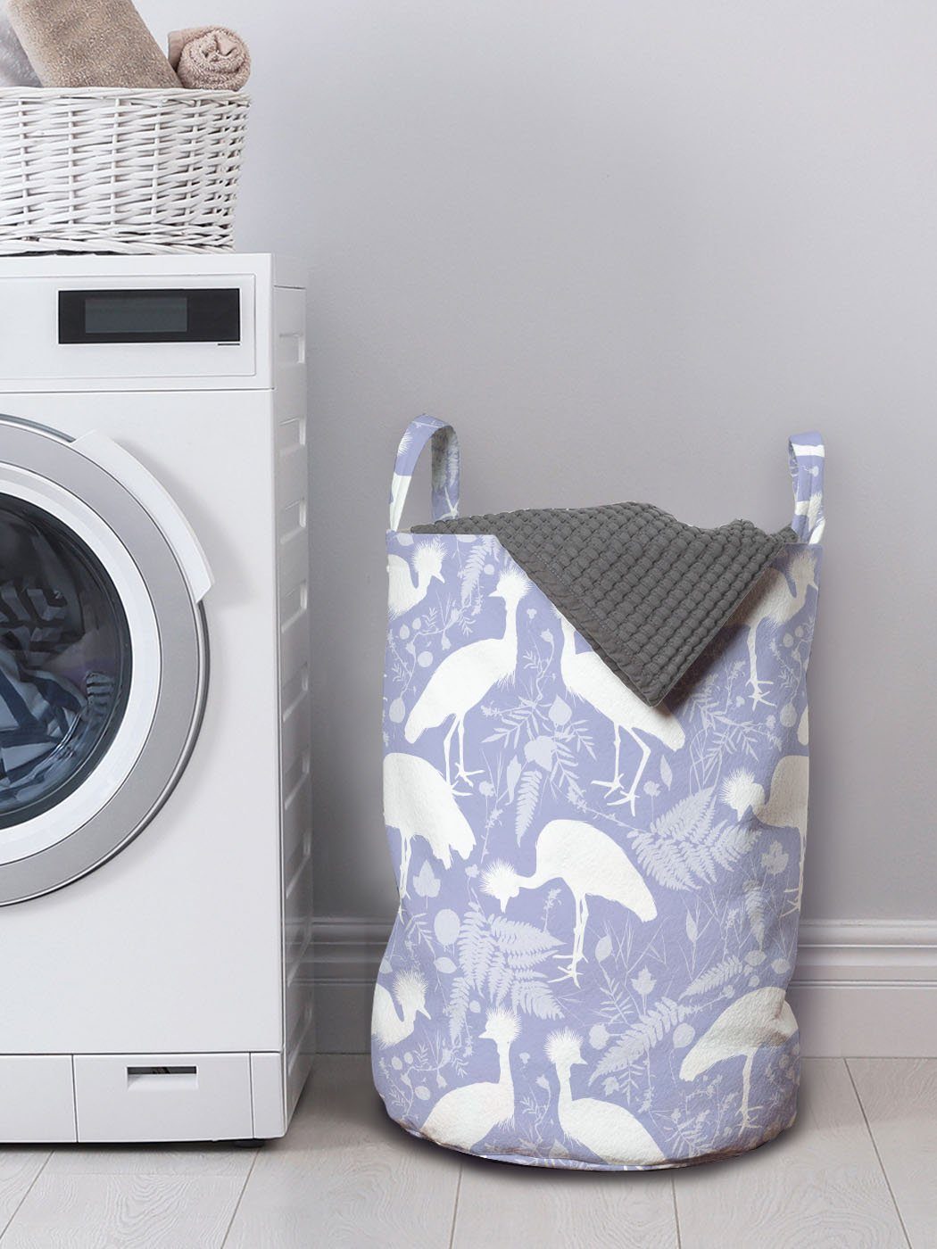 Abakuhaus Wäschesäckchen Wäschekorb mit Griffen für Kordelzugverschluss Safari Crowned Weiß Cranes Waschsalons