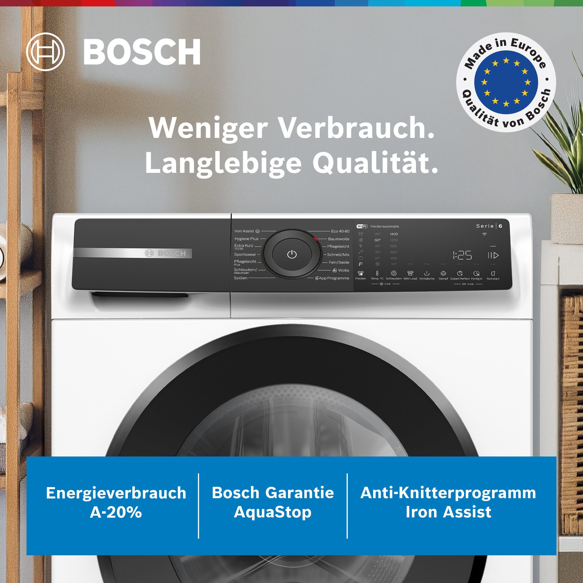 BOSCH Waschmaschine Serie 6 WGH244M40, 9 kg, 1300 U/min, A-20% Energieverbrauch & Mini Load maximiert deine Einsparung