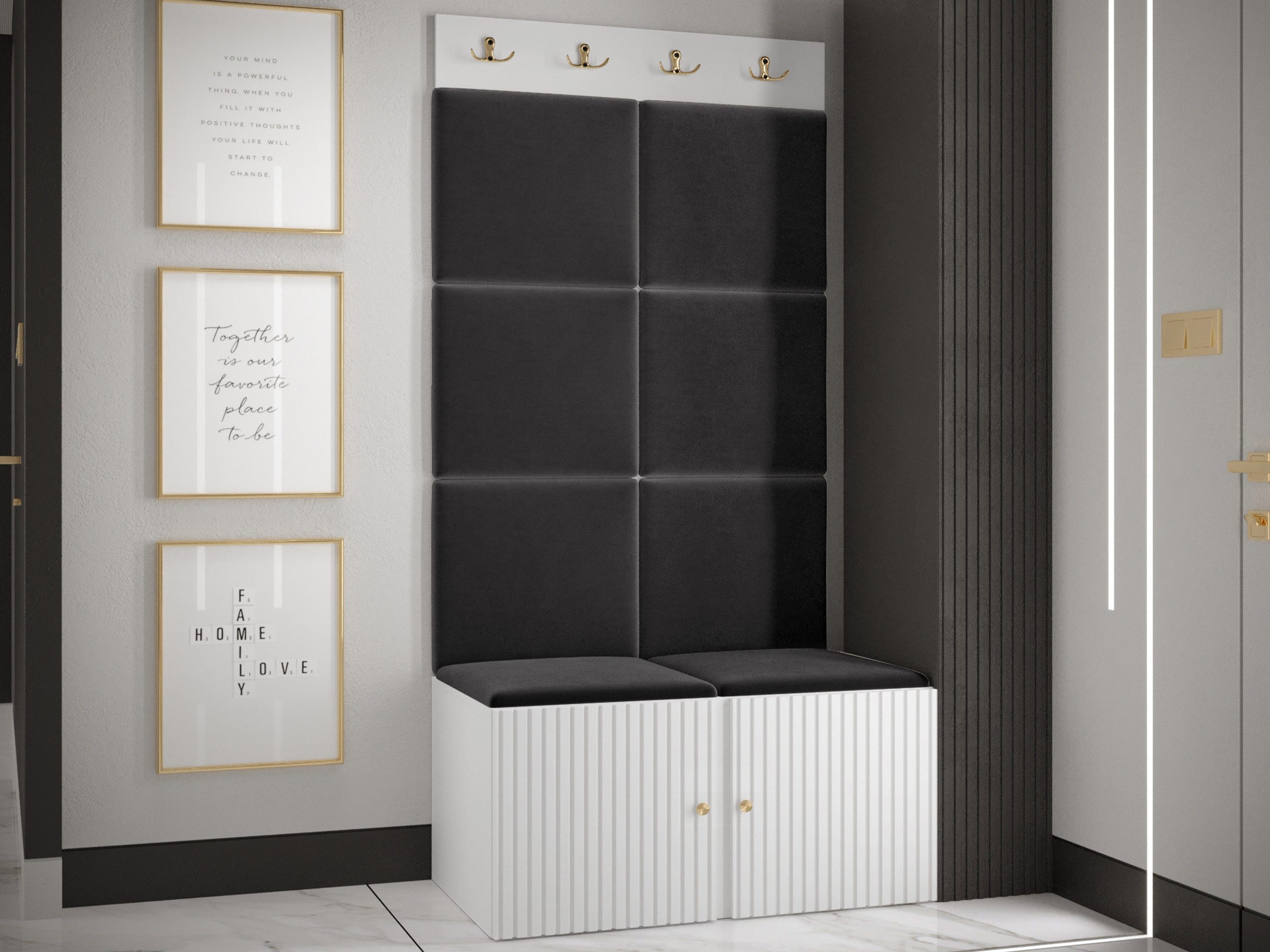 MIRJAN24 Garderoben-Set Orion Ryfel Slim IV, (Schuhschrank, Kleiderhakenbrett, 8x Paneel 42x42), 4 Kleiderhaken für Kleidung, Metallgriffe