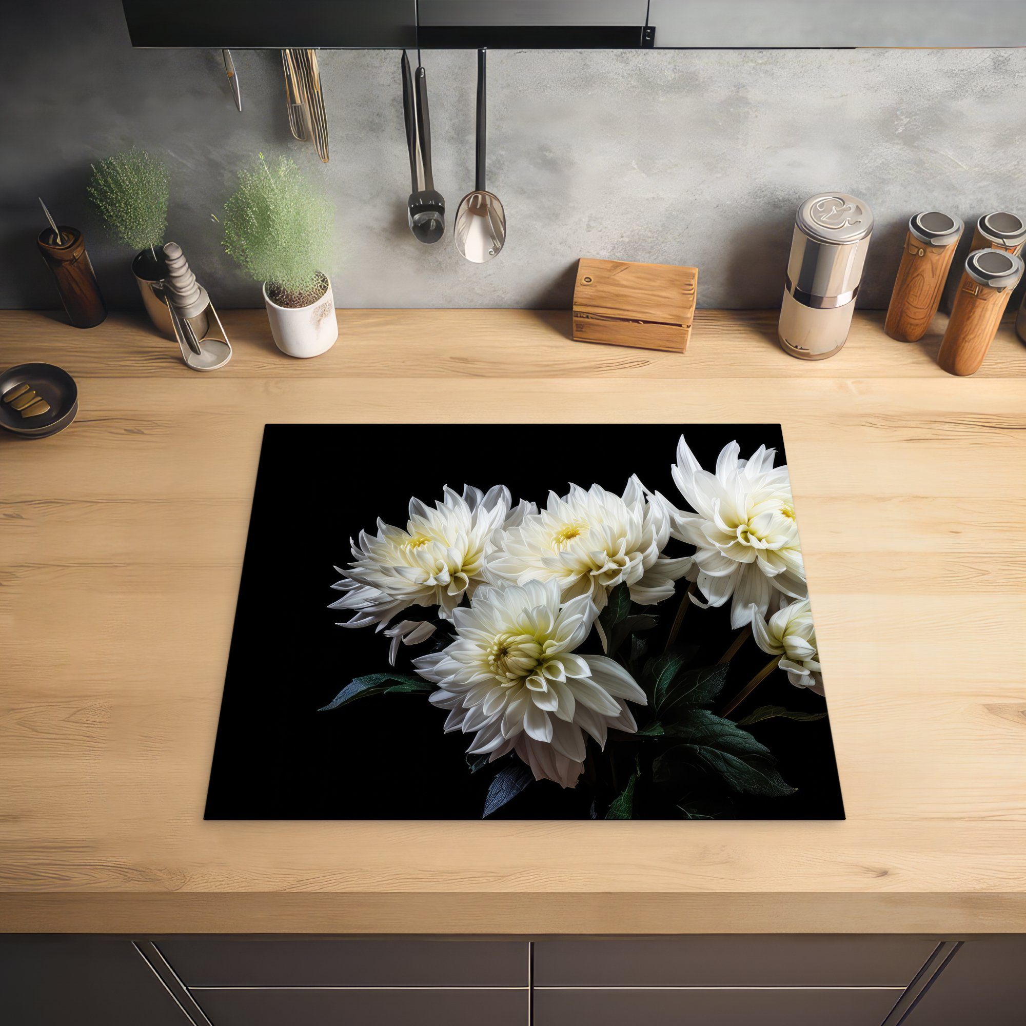 - tlg), Mobile - Arbeitsfläche Botanisch, - 60x52 nutzbar, cm, - MuchoWow Blumen Weiß Ceranfeldabdeckung Natur (1 Chrysantheme Herdblende-/Abdeckplatte Vinyl,