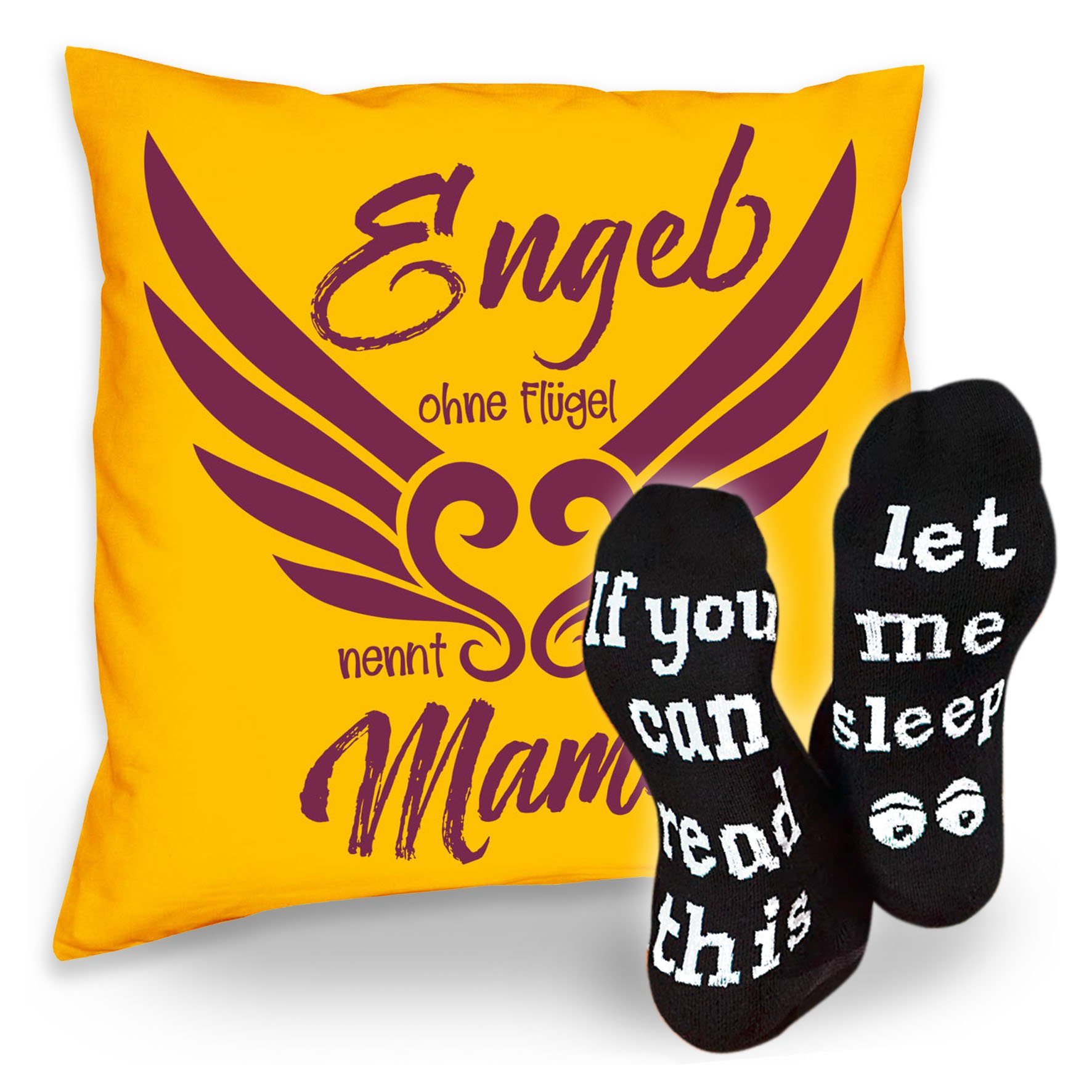 Soreso® Dekokissen gelb Geburtstagsgeschenk Geschenk man nennt Sprüche & Kissen Flügel Mama Socken Sleep, Engel ohne