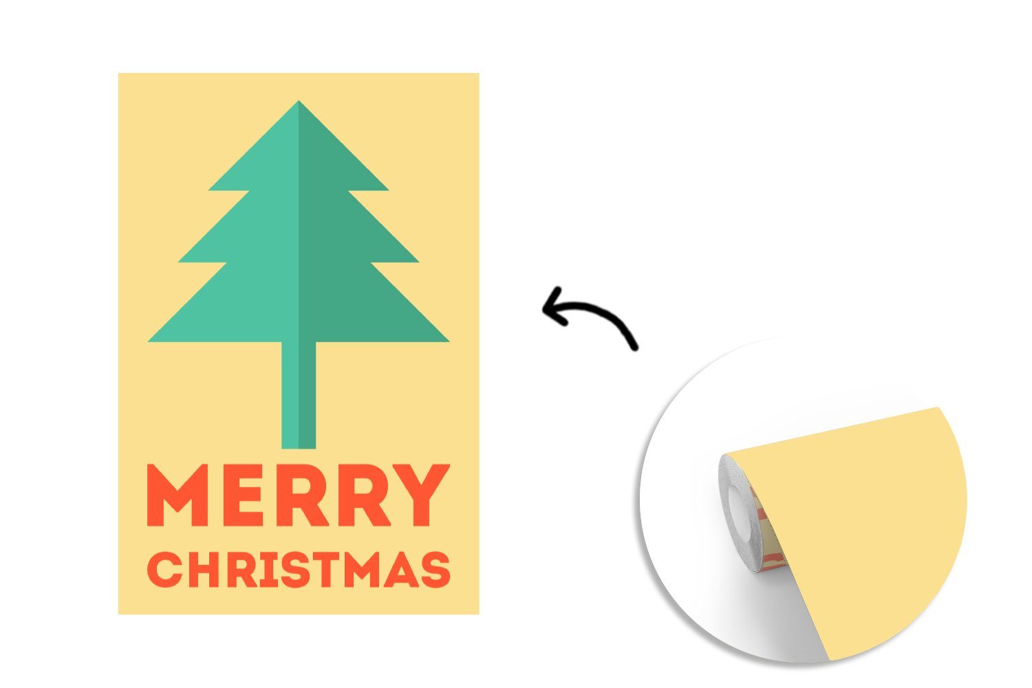 bedruckt, - Frohe, (3 - Weihnachtsbaum Wohnzimmer, Vinyl Zitate Montagefertig Fototapete St), für MuchoWow - Weihnachten Wandtapete Illustration - Tapete Matt,