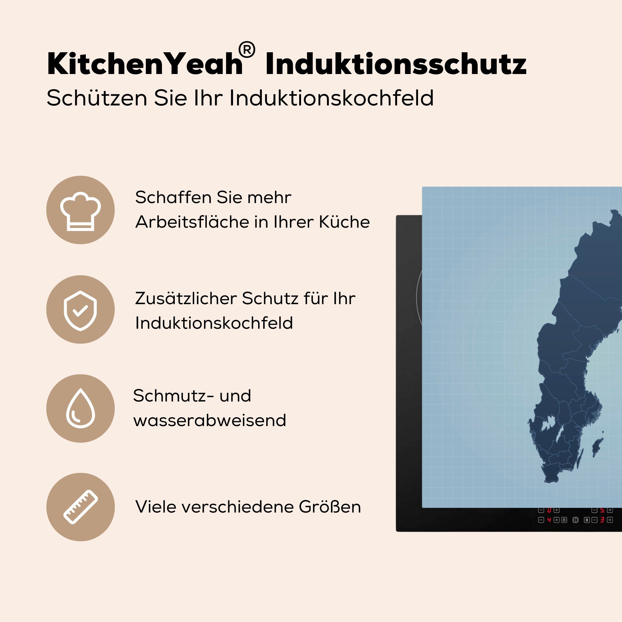 Schweden Arbeitsplatte küche von 78x78 Vinyl, cm, Illustration für in MuchoWow (1 tlg), Herdblende-/Abdeckplatte Ceranfeldabdeckung, Blau,