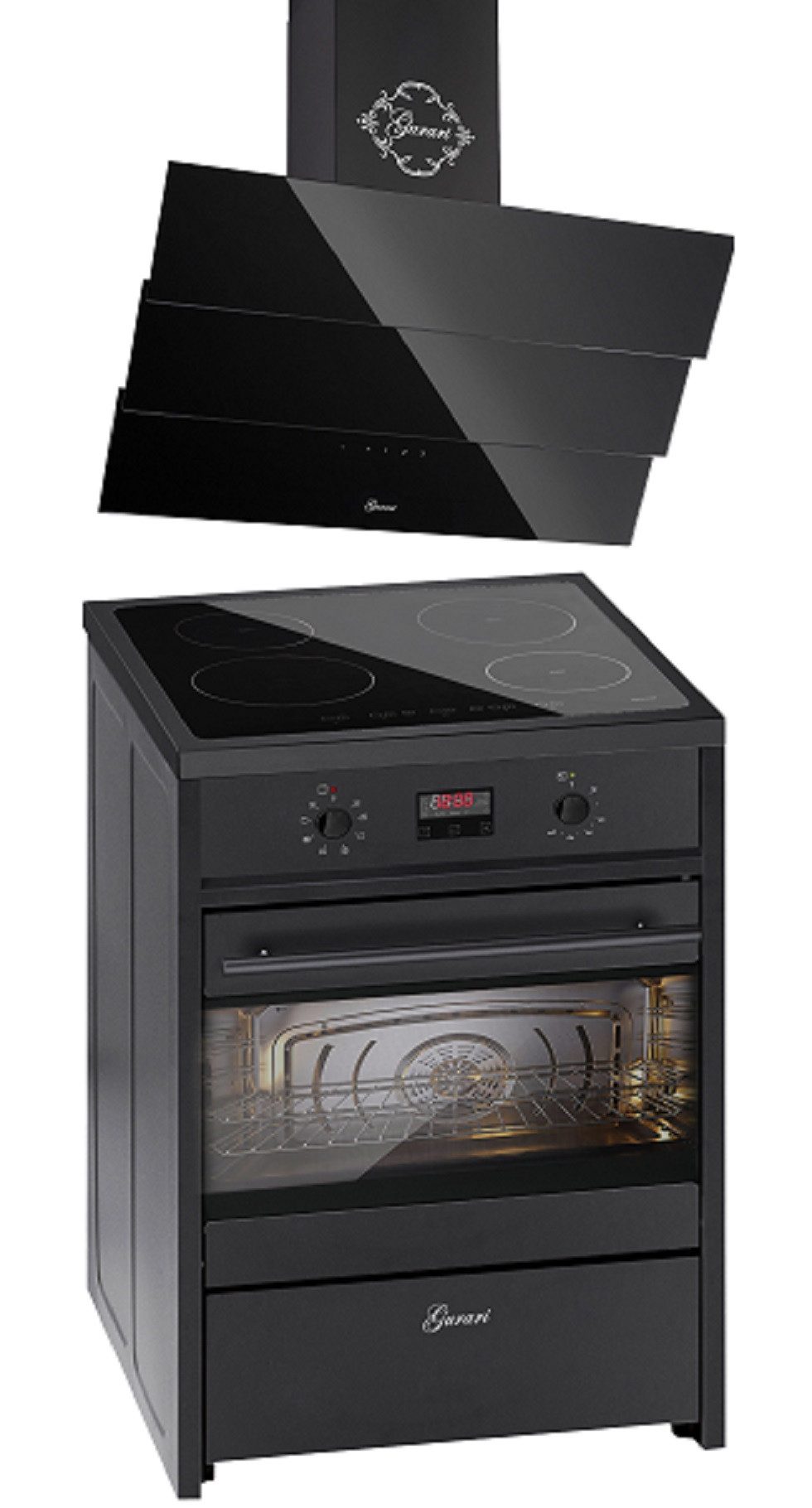 GURARI Induktions Herd-Set Schwarz Induktionsherd Freistehend mit 4 Boosterkochzonen, 60 cm, 60 L mit Dunstabzugshaube 60 cm Schwarz Glas GCH E 612 BL+GCH D 267 BL 6 PRIME N, mit 1-fach-Teleskopauszug