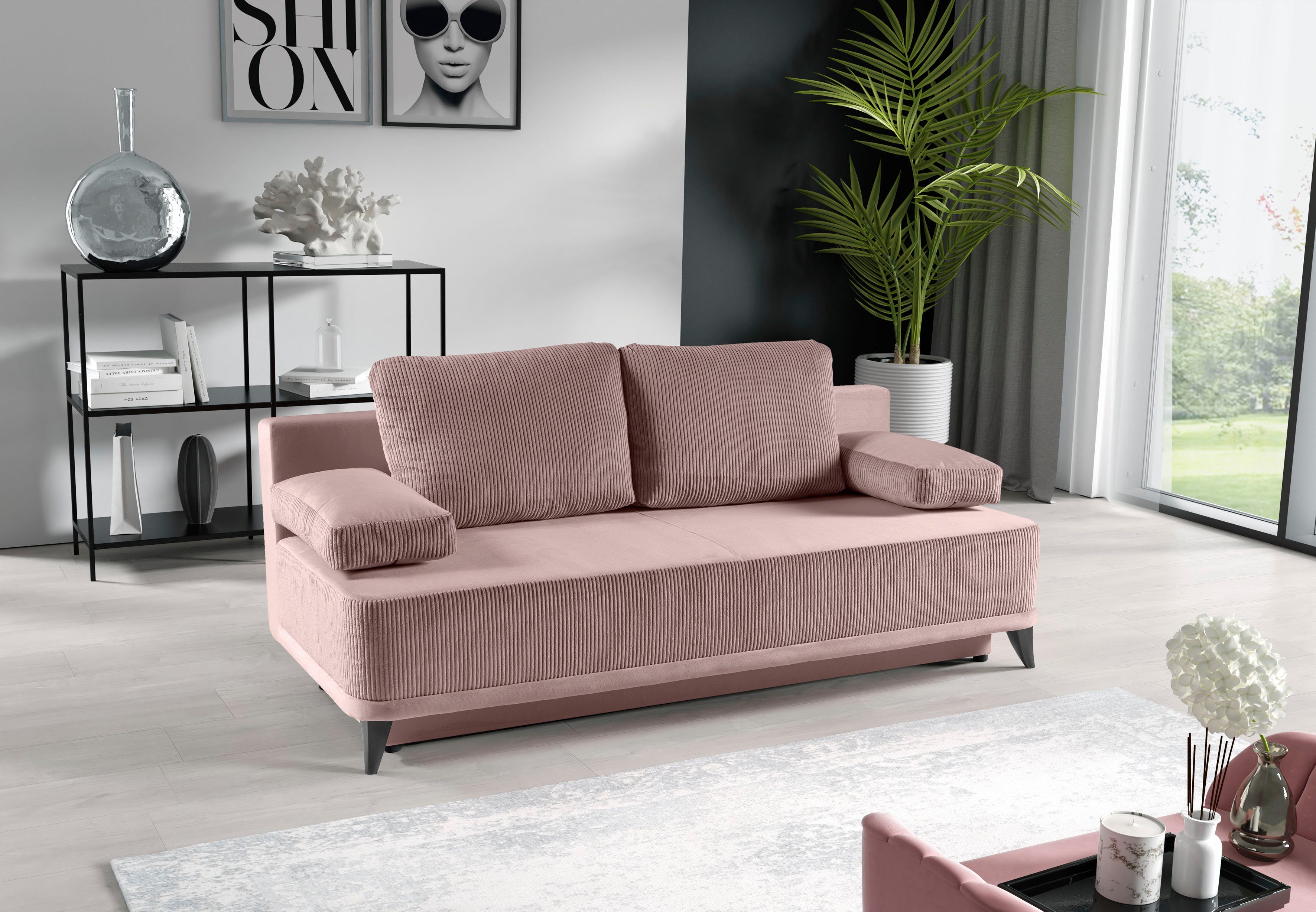 WERK2 Schlafsofa Rosso Breite 204, Liegefläche 140/200cm. aktueller Cord Materialmix, 2-Sitzer Sofa und Schlafcouch mit Federkern & Bettkasten