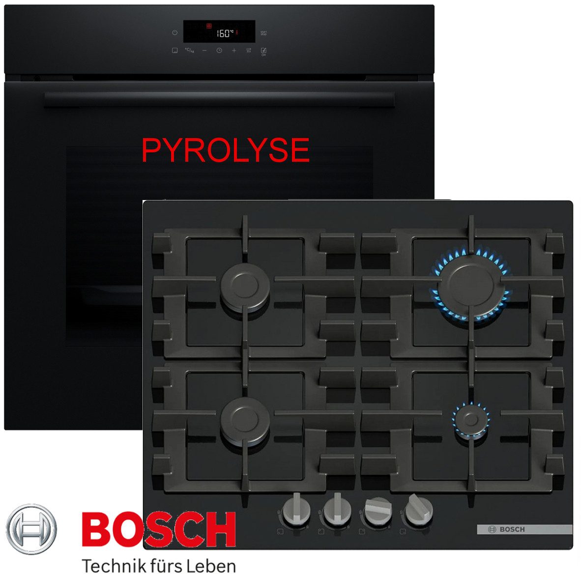 BOSCH Gasherd-Set Gasherd Herdset Autark Pyrolyse Backofen +GAS Glaskeramik Kochfeld NEU, Pyrolyse-Selbstreinigung, Pyrolyse + Hydrolyse