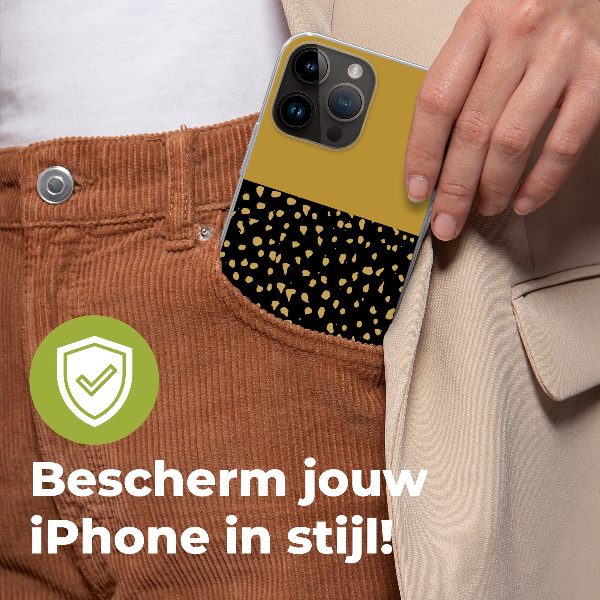 MuchoWow Handyhülle für Apple iPhone 14 Pro Max Polka dots - Ockergelb - Schwarz, Smartphone-Bumper, Print, Handy Schutzhülle Dünn