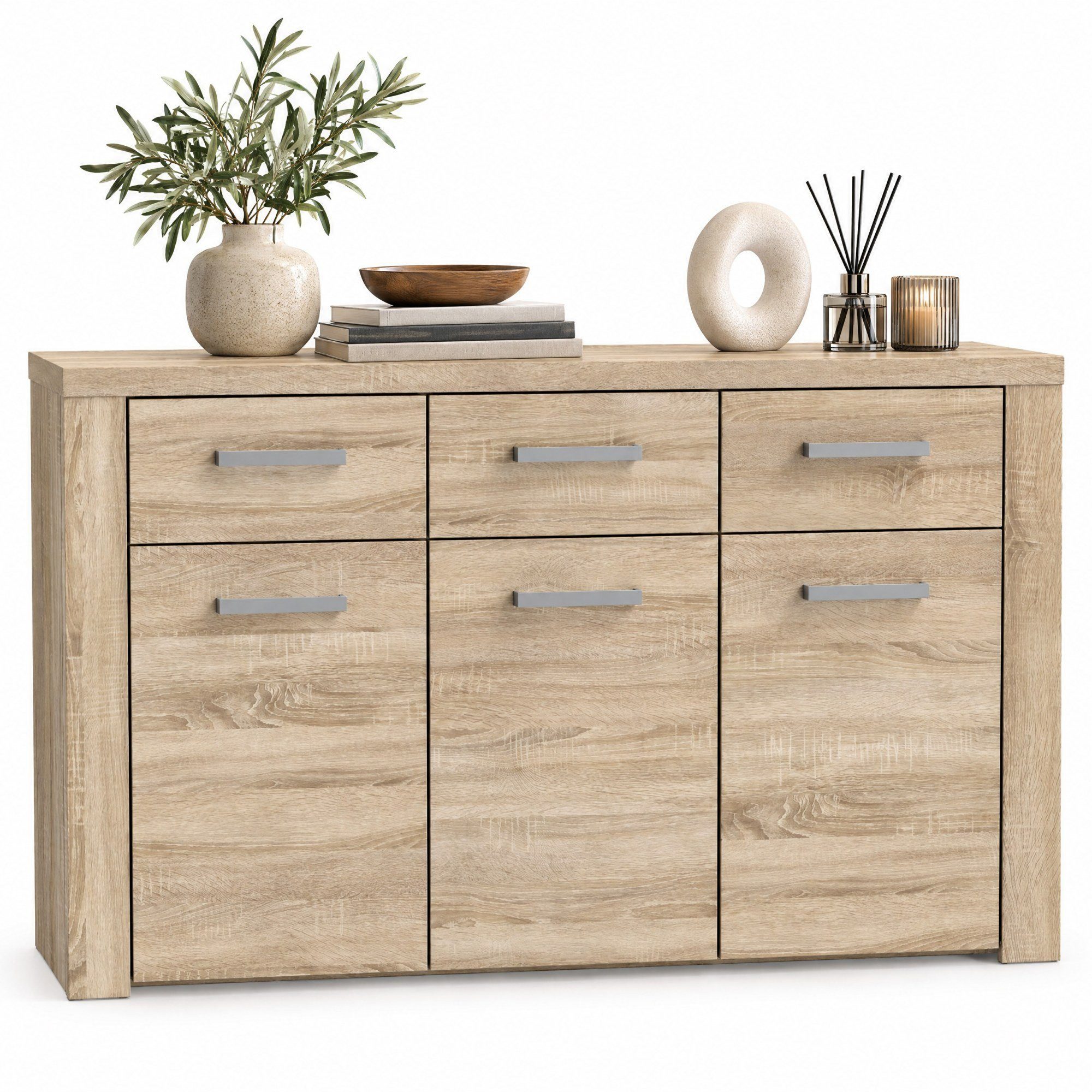 Newroom Sideboard Sonoma Eiche 136 cm, Sideboard Sonoma Eiche Modern Kommode Highboard Wohnzimmer