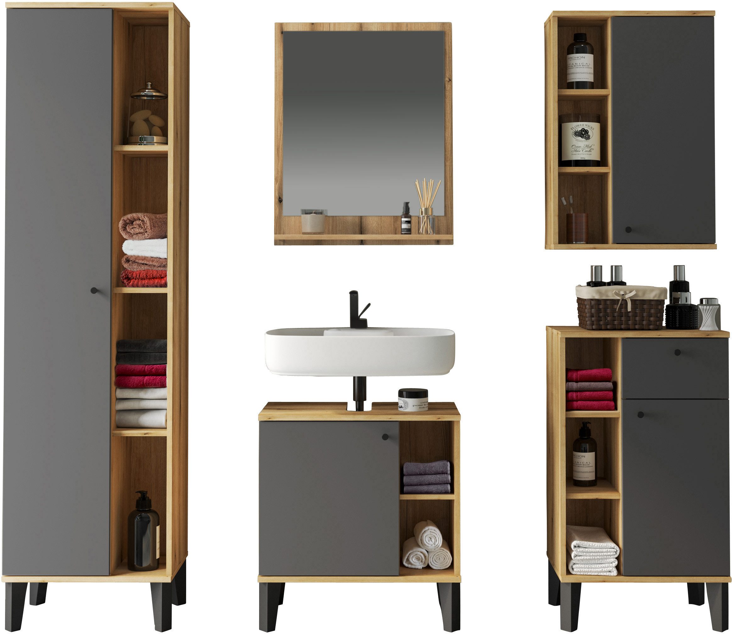 Home affaire Badmöbel-Set OSLO, Bad im skandinavischen Design, 5-teiliges Badezimmer, (Set, 5-St), Badschränke und Spiegel, in zwei Farben verfügbar, viel Stauraum